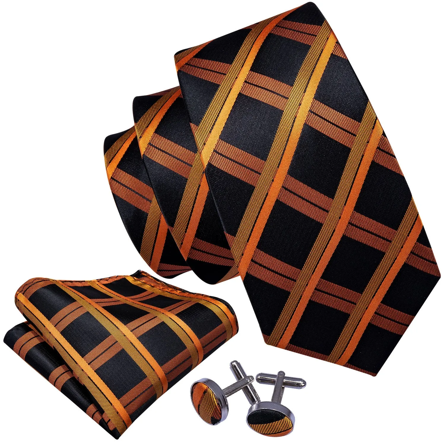 Barry. Wang Neckties Orange Black Plaid Tie Pocket Square Cufflinks Set for Men Business sold by Barrywang product image thumbnail 2