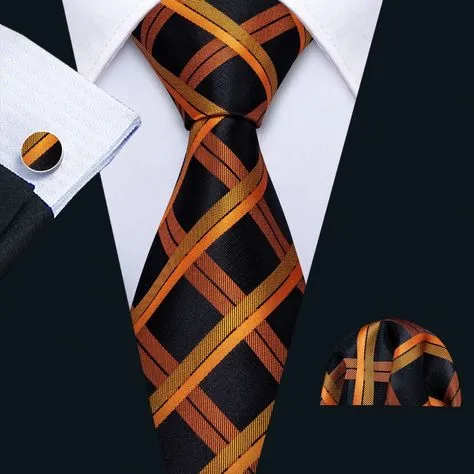 Barry. Wang Neckties Orange Black Plaid Tie Pocket Square Cufflinks Set for Men Business sold by Barrywang