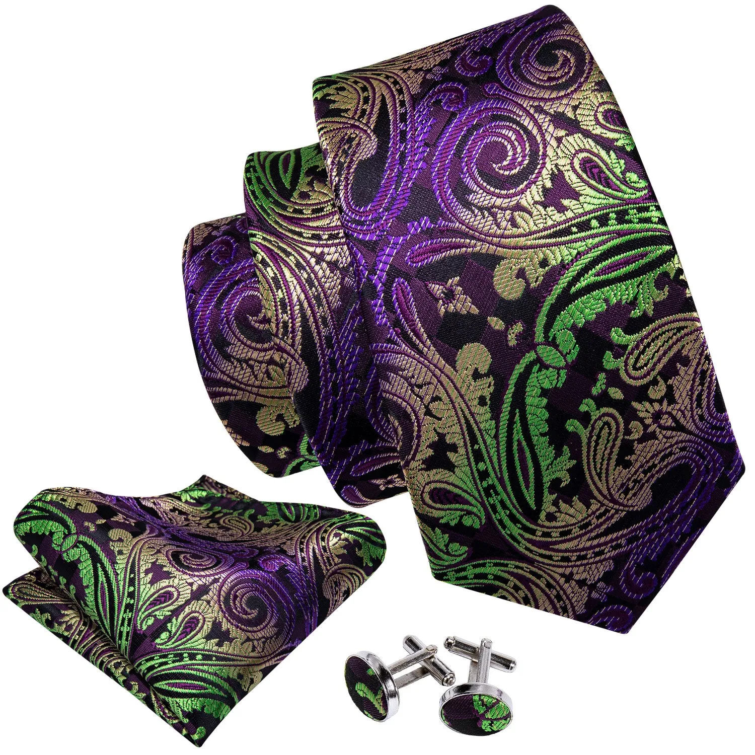 Barry. Wang Mens Paisley Tie Green Gold Purple Necktie Handkerchief Cufflinks Set for Wedding Party sold by Barrywang product image thumbnail 4