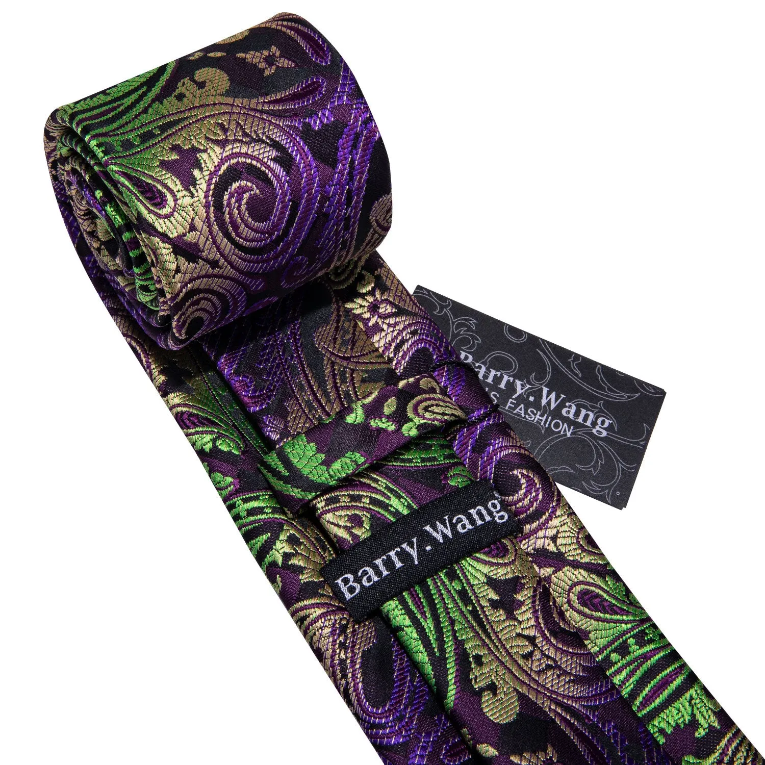 Barry. Wang Mens Paisley Tie Green Gold Purple Necktie Handkerchief Cufflinks Set for Wedding Party sold by Barrywang product image thumbnail 3