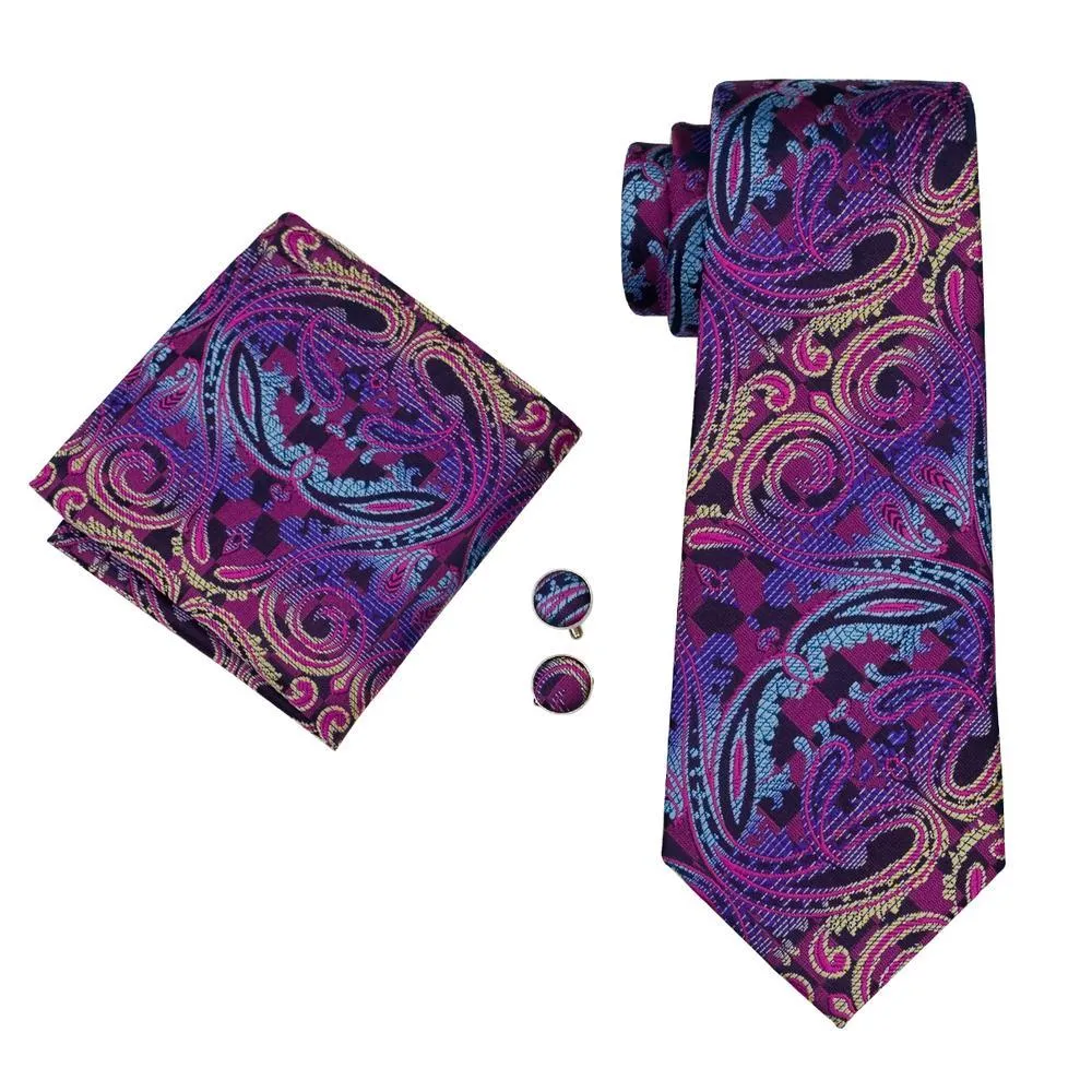 Barry. Wang Mens Paisley Tie Silk Purple Necktie Pocket Square Cufflinks Set for Party sold by Barrywang product image thumbnail 3
