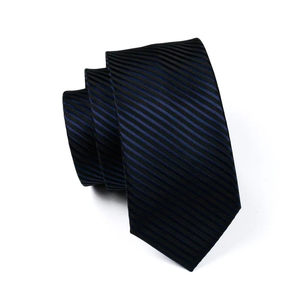 Barry. Wang Striped Tie Black Navy Blue Necktie Pocket Square Cufflinks Set for Men Business sold by Barrywang product image thumbnail 3