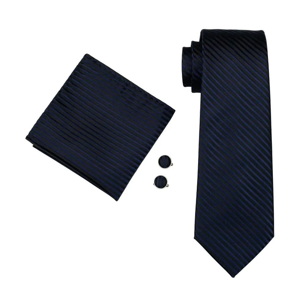 Barry. Wang Striped Tie Black Navy Blue Necktie Pocket Square Cufflinks Set for Men Business sold by Barrywang product image thumbnail 2