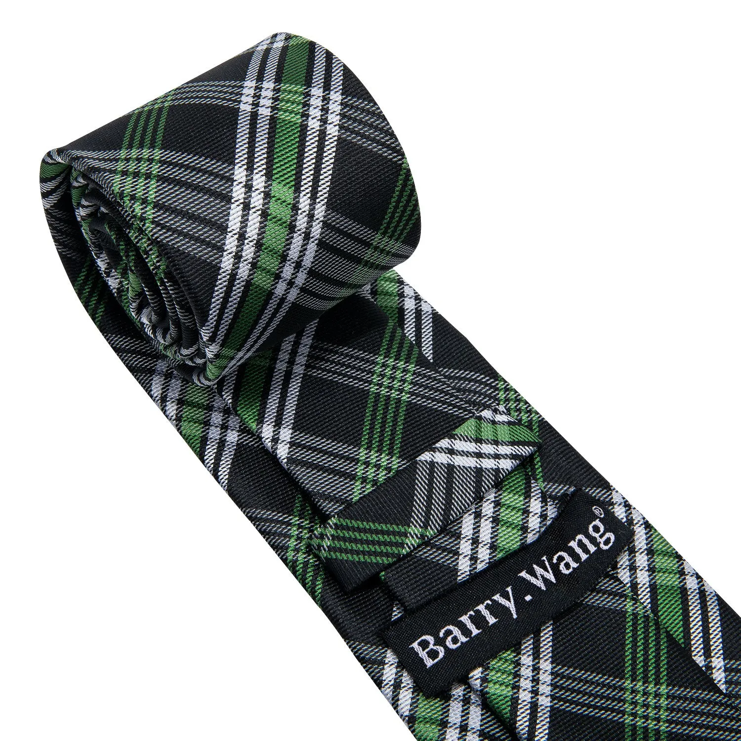 Barry. Wang Mens Black Tie Green White Plaid Necktie Pocket Square Cufflinks Set for Business sold by Barrywang product image thumbnail 4