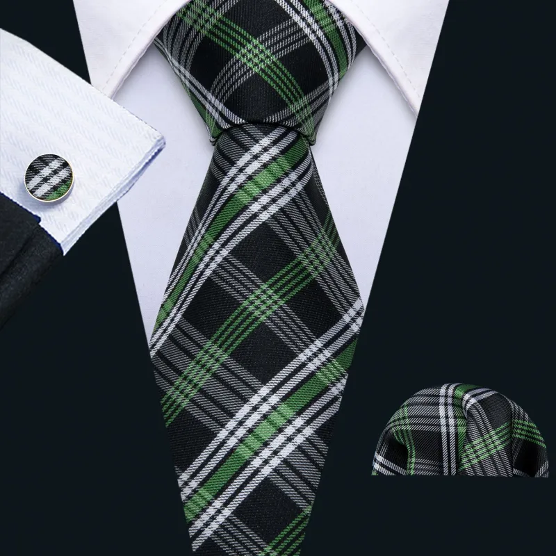 Barry. Wang Mens Black Tie Green White Plaid Necktie Pocket Square Cufflinks Set for Business sold by Barrywang