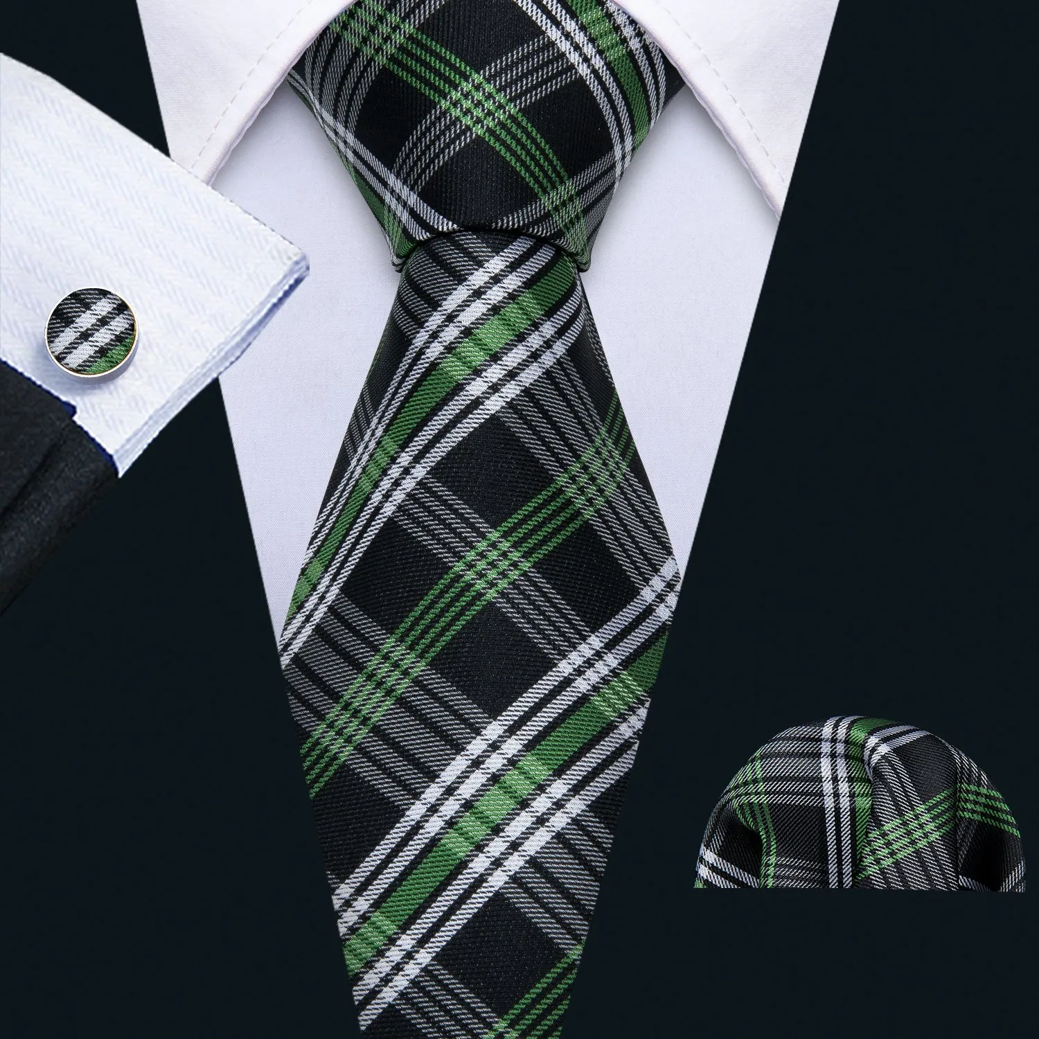 Barry. Wang Mens Black Tie Green White Plaid Necktie Pocket Square Cufflinks Set for Business sold by Barrywang