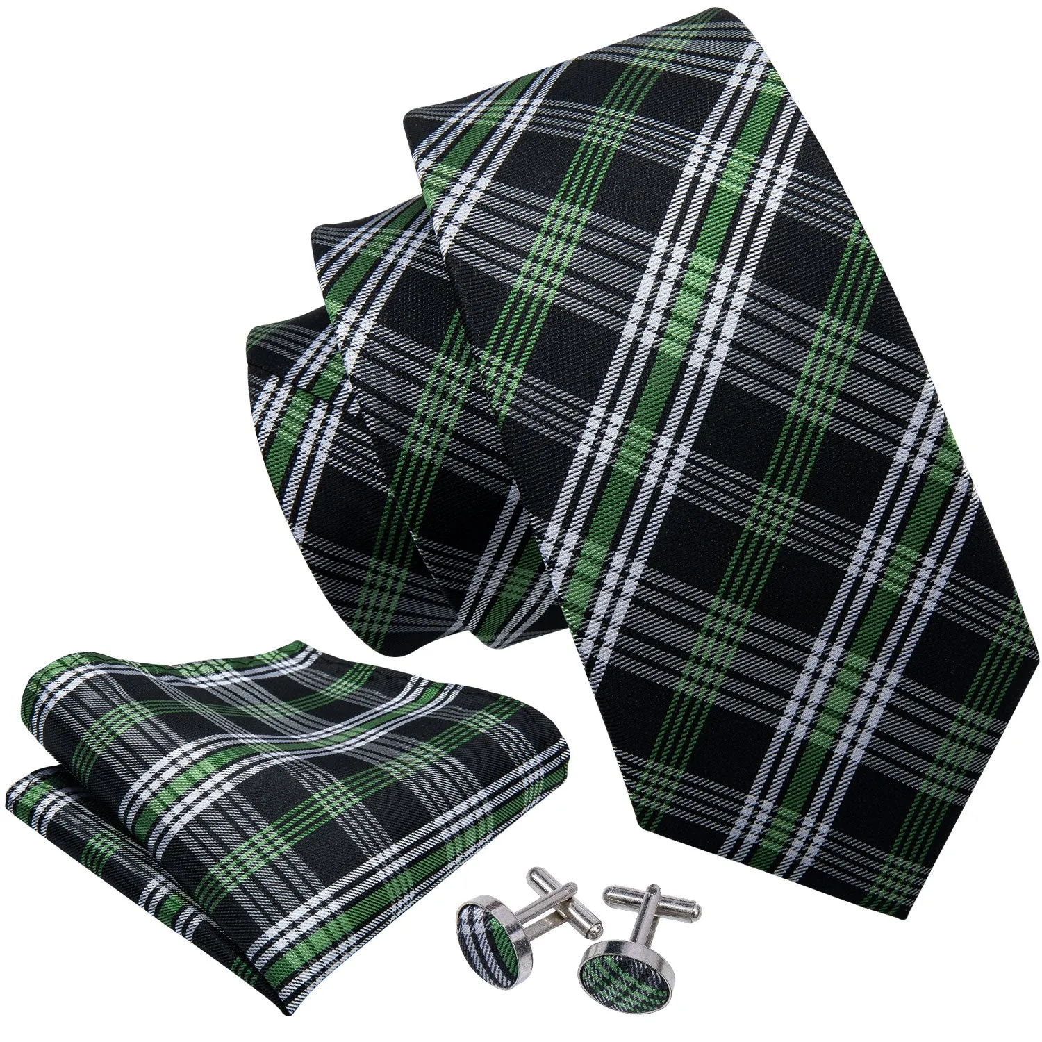 Barry. Wang Mens Black Tie Green White Plaid Necktie Pocket Square Cufflinks Set for Business sold by Barrywang product image thumbnail 5