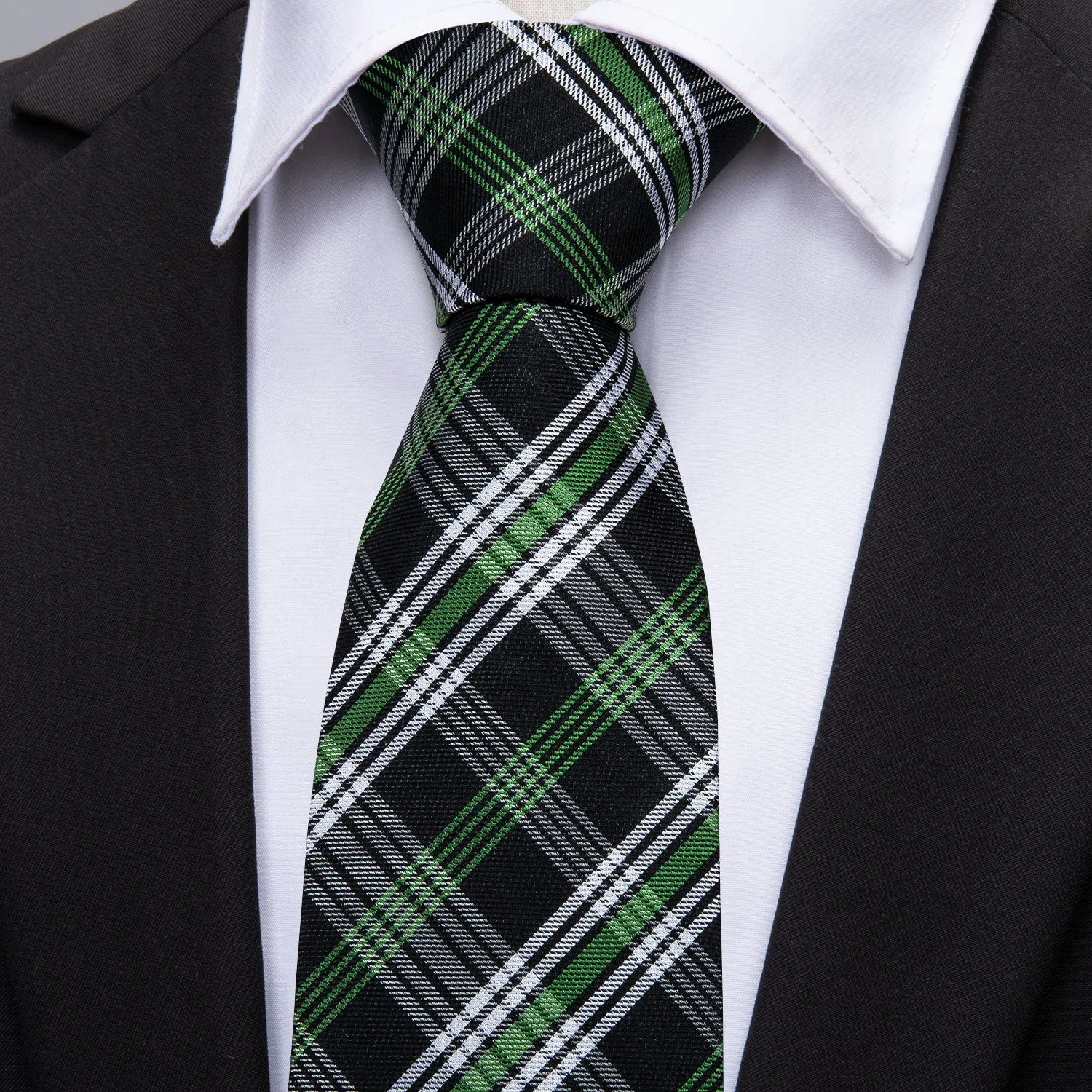 Barry. Wang Mens Black Tie Green White Plaid Necktie Pocket Square Cufflinks Set for Business sold by Barrywang product image thumbnail 2
