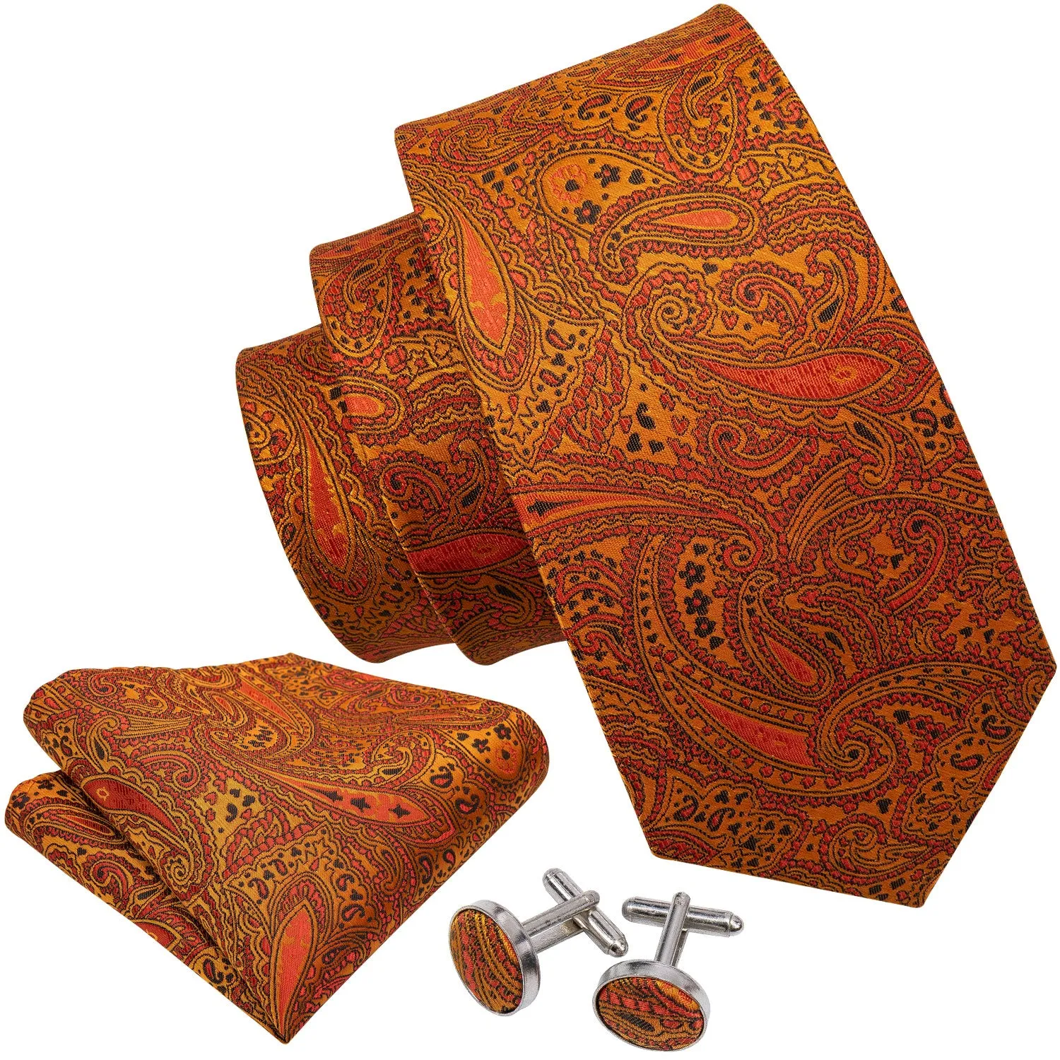 Barry. Wang Mens Paisley Tie Orange Silk Necktie Pocket Square Cufflinks Set for Business sold by Barrywang product image thumbnail 4