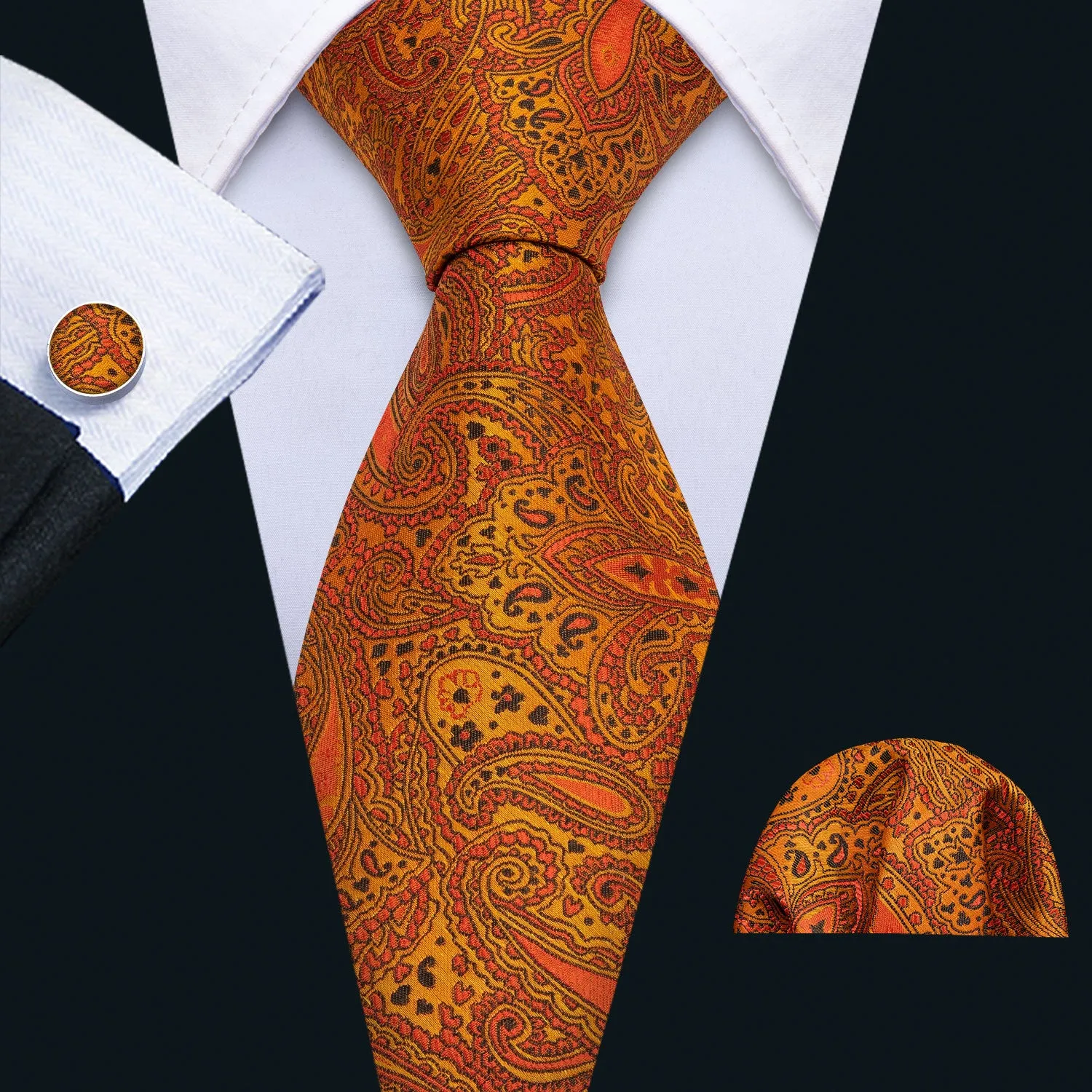Barry. Wang Mens Paisley Tie Orange Silk Necktie Pocket Square Cufflinks Set for Business sold by Barrywang