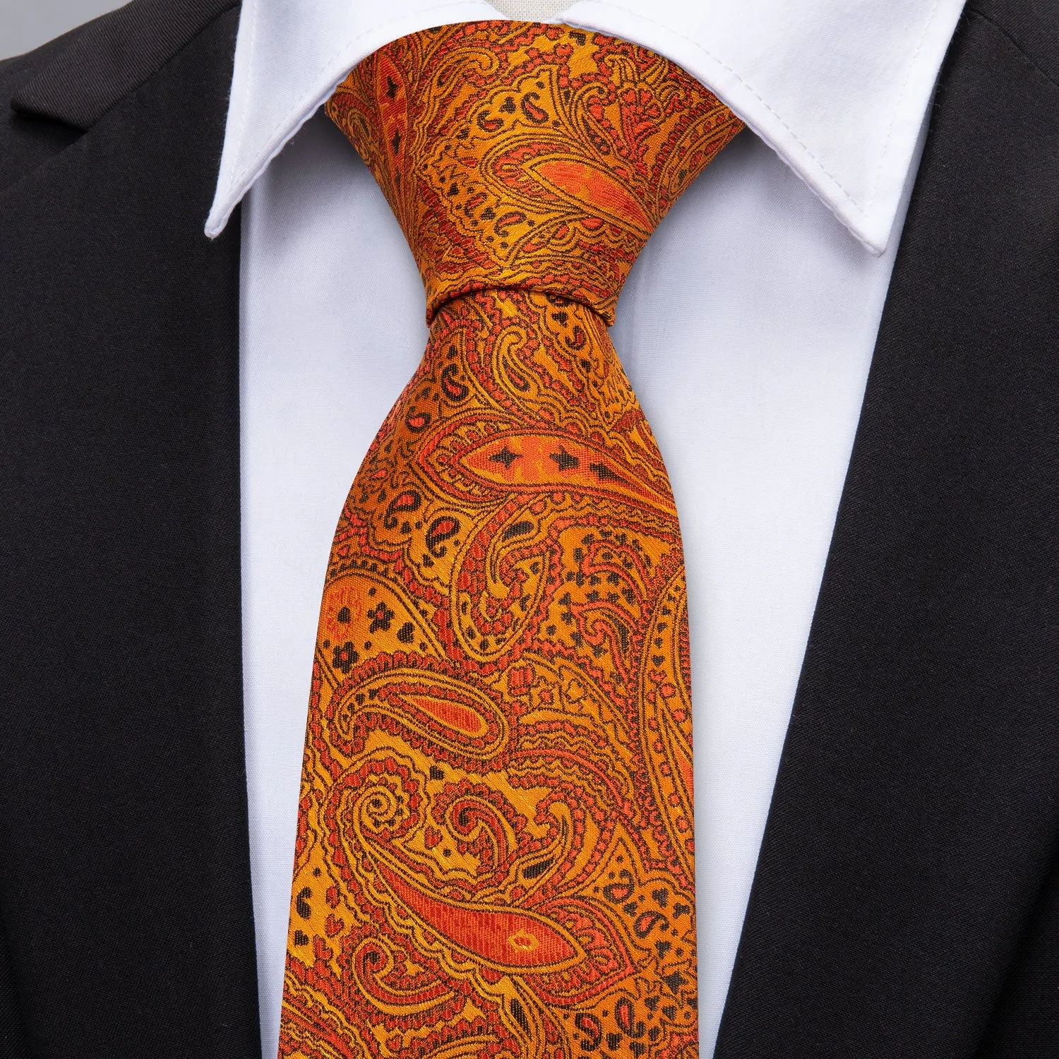 Barry. Wang Mens Paisley Tie Orange Silk Necktie Pocket Square Cufflinks Set for Business sold by Barrywang product image thumbnail 2
