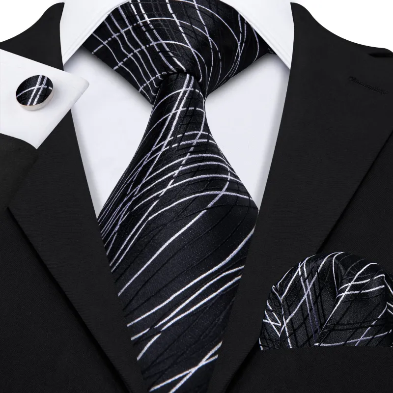 Barry. Wang Silk Black Tie White Line Novelty Silk Necktie Hanky Cufflinks Set for Men Business sold by Barrywang