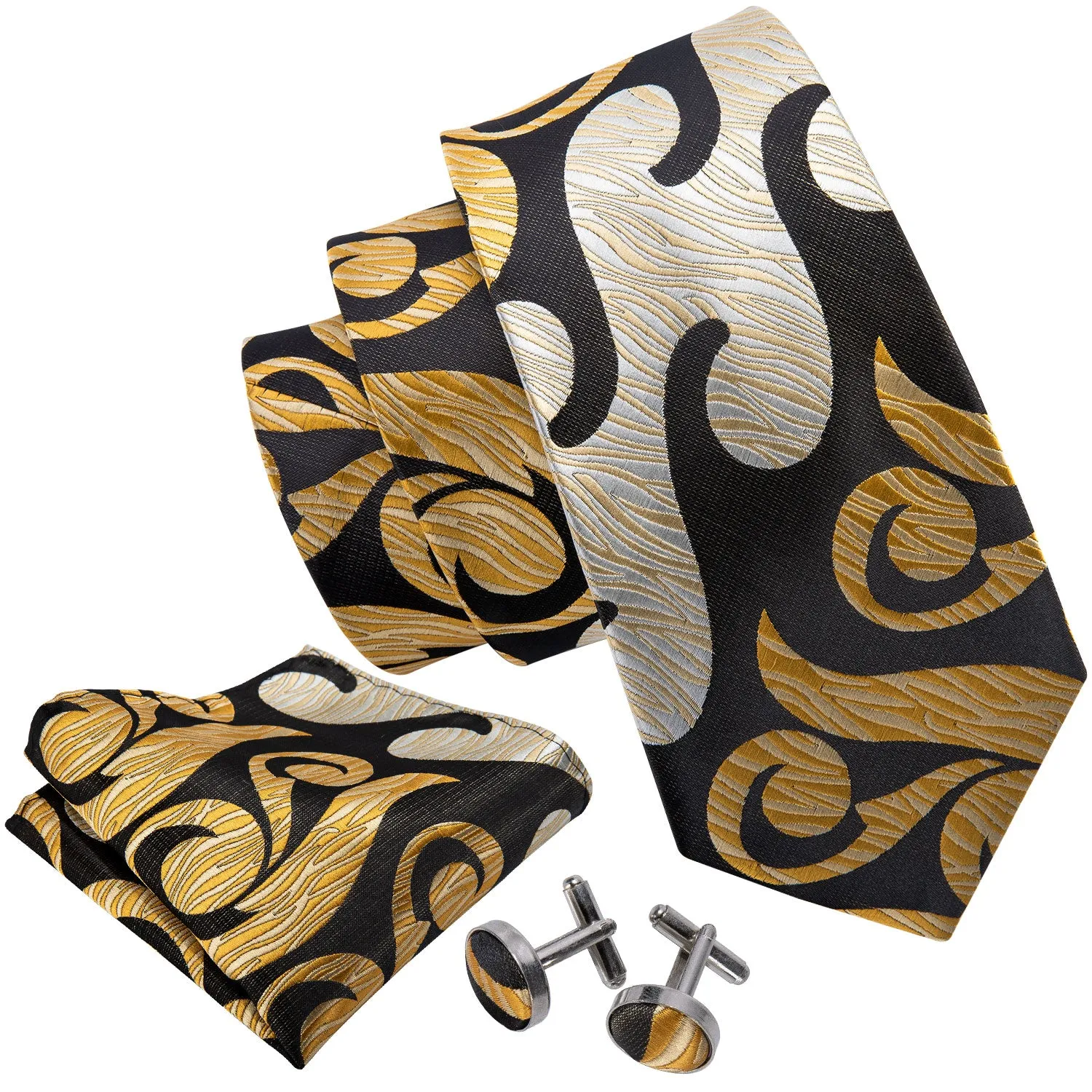 Barry. Wang Black Tie Champagne Gold Novelty Silk Necktie Hanky Cufflinks Set for Men sold by Barrywang product image thumbnail 4