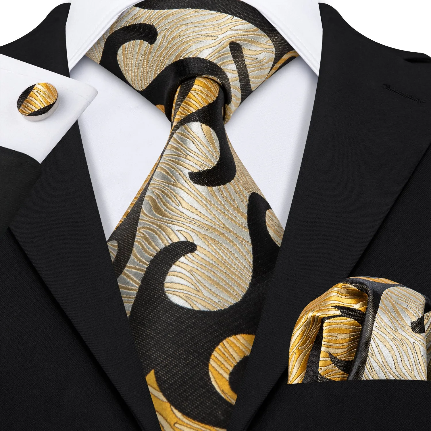 Barry. Wang Black Tie Champagne Gold Novelty Silk Necktie Hanky Cufflinks Set for Men sold by Barrywang