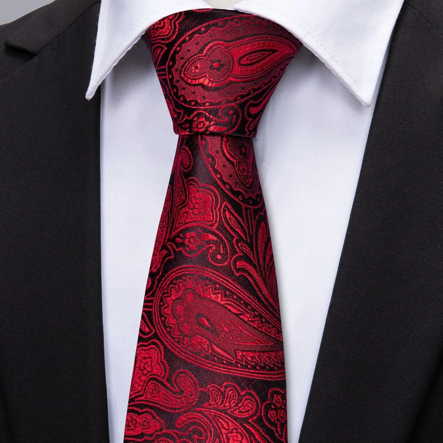 Barry. Wang Paisley Necktie Red Black Silk Tie Hanky Cufflinks Set for Men Wedding sold by Barrywang product image thumbnail 2