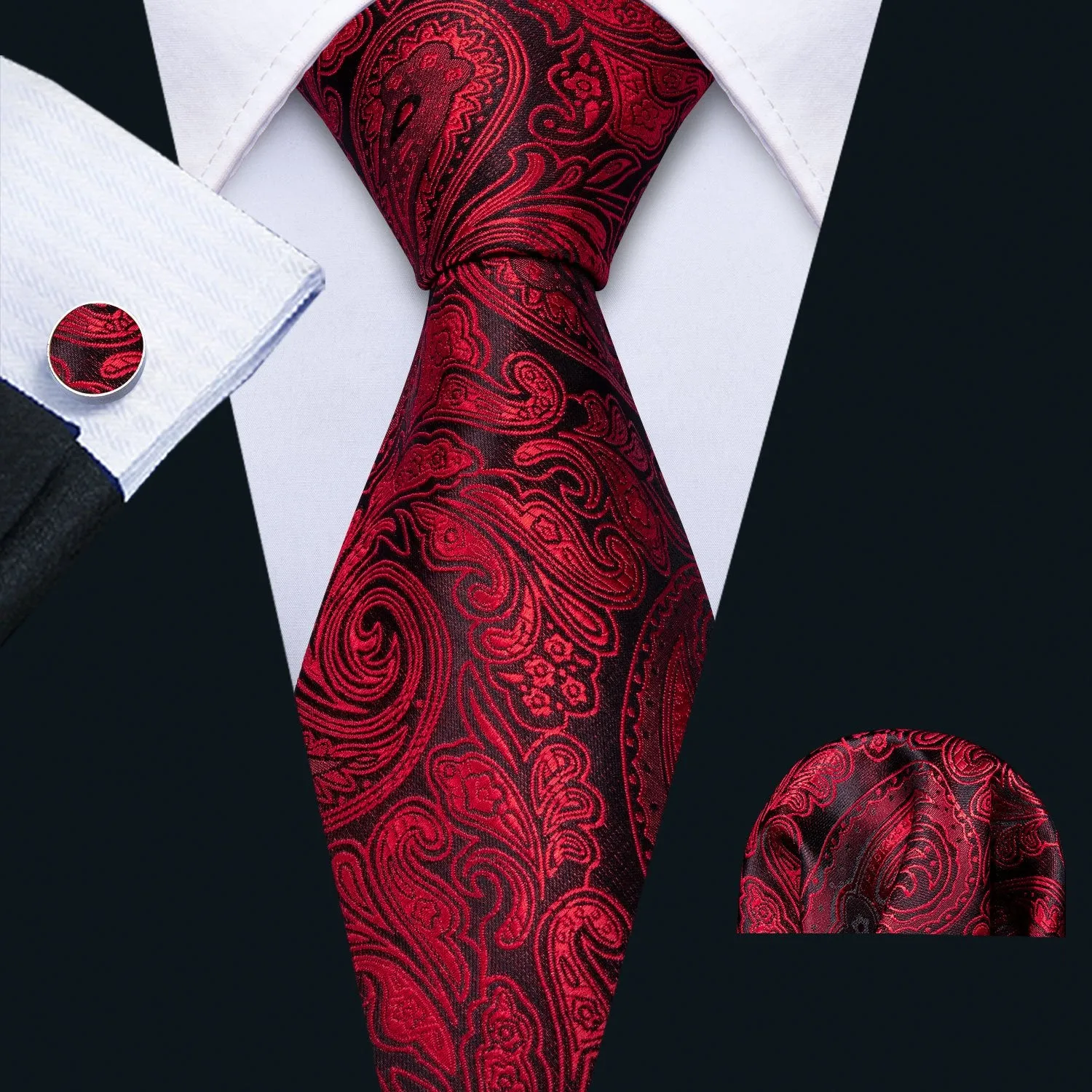 Barry. Wang Paisley Necktie Red Black Silk Tie Hanky Cufflinks Set for Men Wedding sold by Barrywang