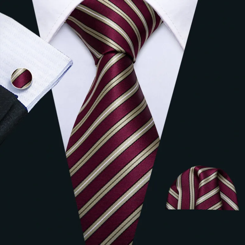 Barry. Wang Burgundy Red Golden Stripe Tie Pocket Square Cufflinks Set sold by Barrywang