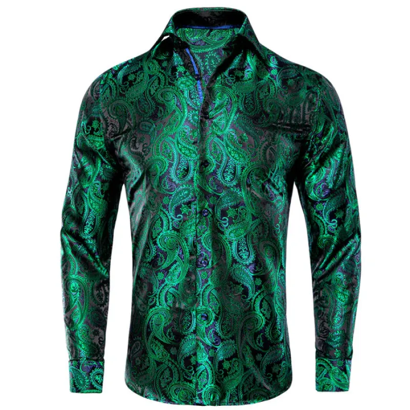 Barry. Wang Forest Green Shirt Men’s Paisley Silk Long Sleeve Shirt sold by Barrywang
