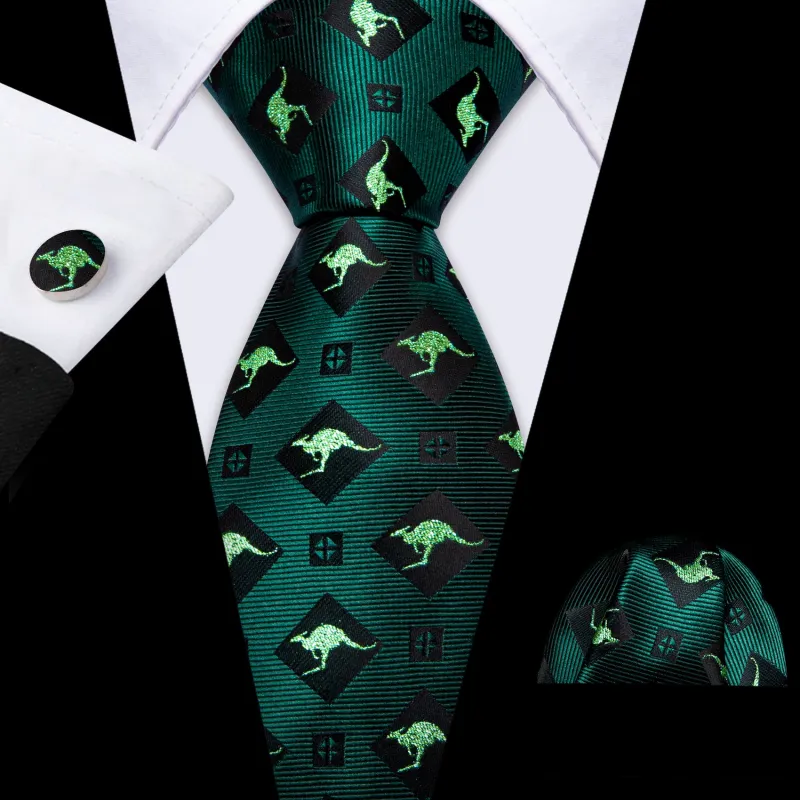 Barry. Wang Green Tie Black Kangaroo Novelty Silk Men's Tie Hanky Cufflinks Set sold by Barrywang