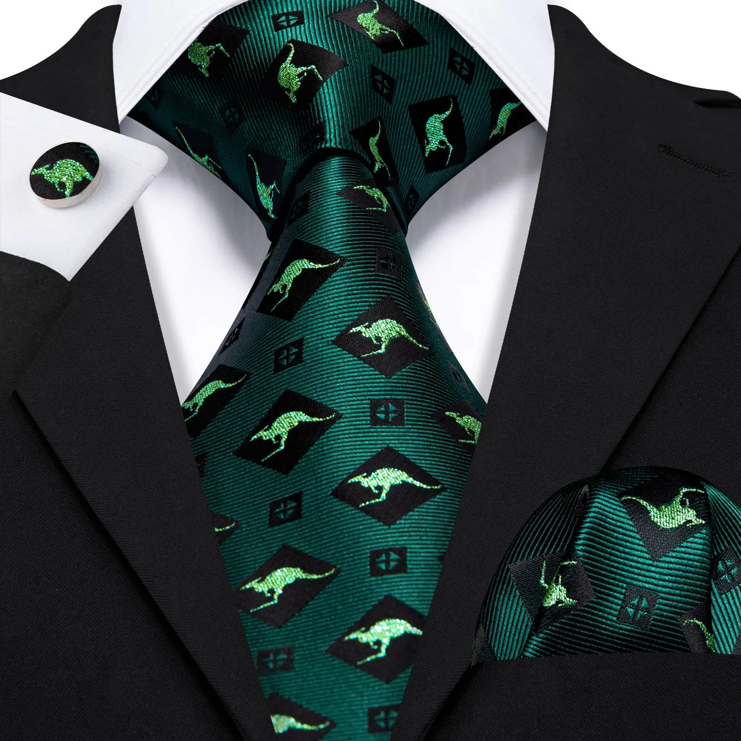 Barry. Wang Green Tie Black Kangaroo Novelty Silk Men's Tie Hanky Cufflinks Set sold by Barrywang product image thumbnail 2