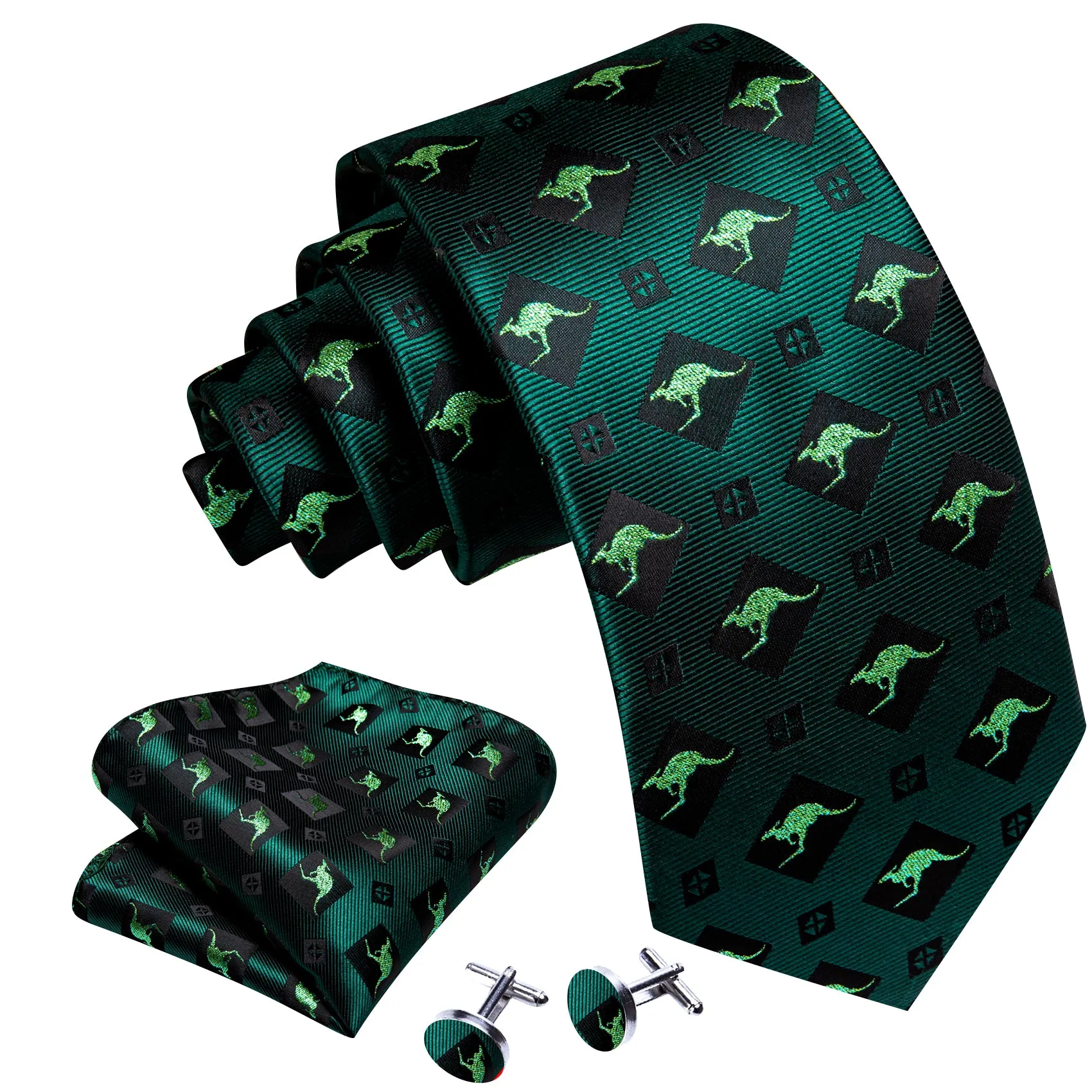 Barry. Wang Green Tie Black Kangaroo Novelty Silk Men's Tie Hanky Cufflinks Set sold by Barrywang product image thumbnail 3