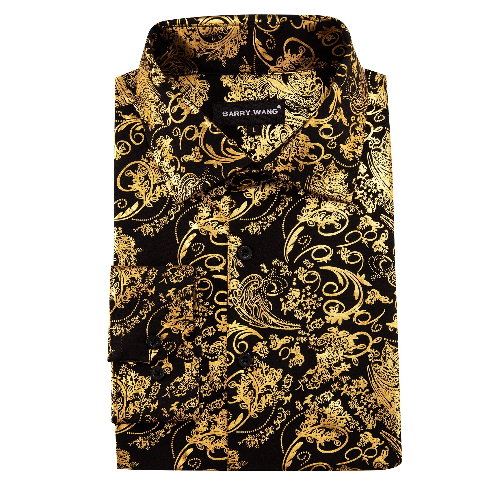Barry. Wang Bright Gold Black Paisley Silk Men's Shirt sold by Barrywang product image thumbnail 4
