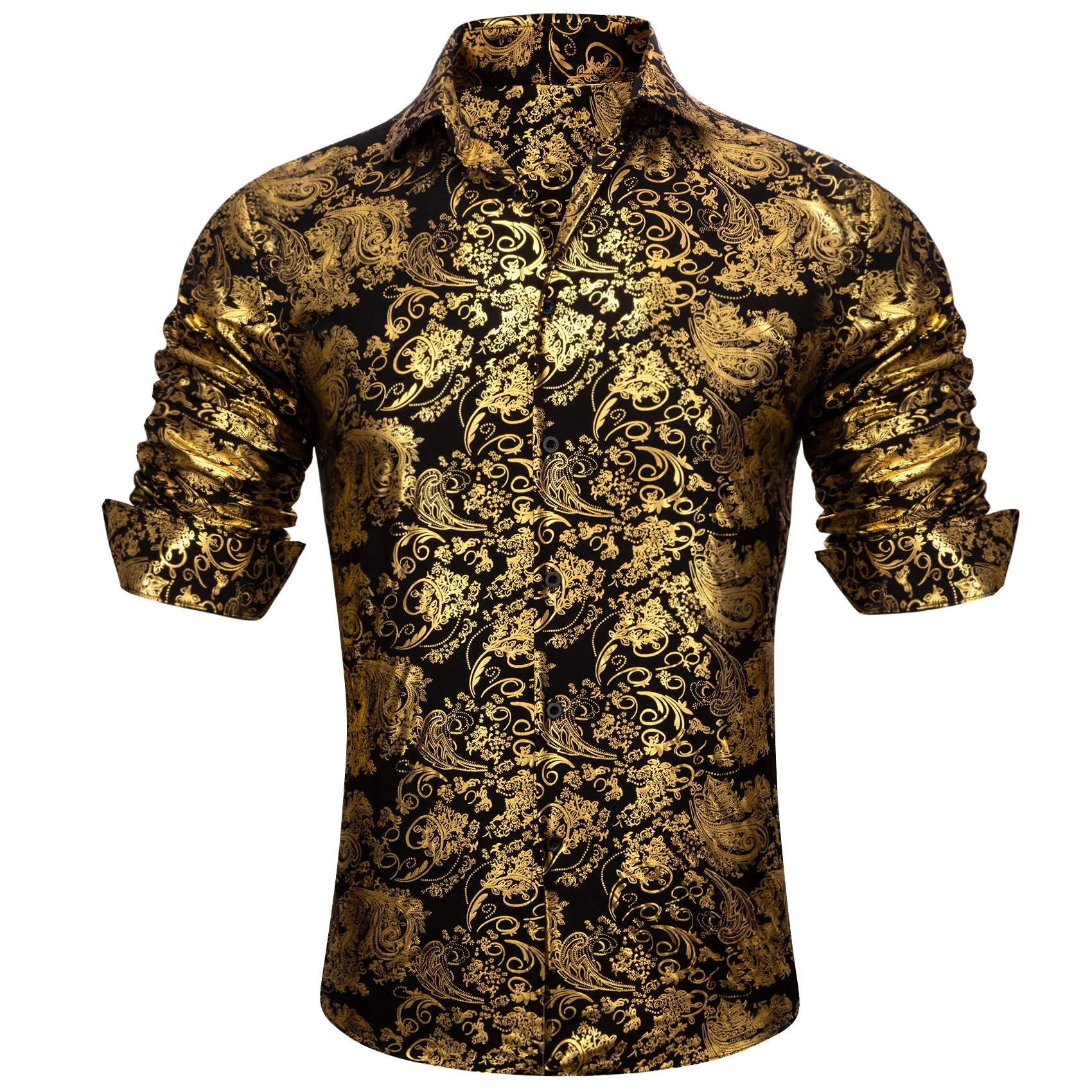Barry. Wang Bright Gold Black Paisley Silk Men's Shirt sold by Barrywang product image thumbnail 2