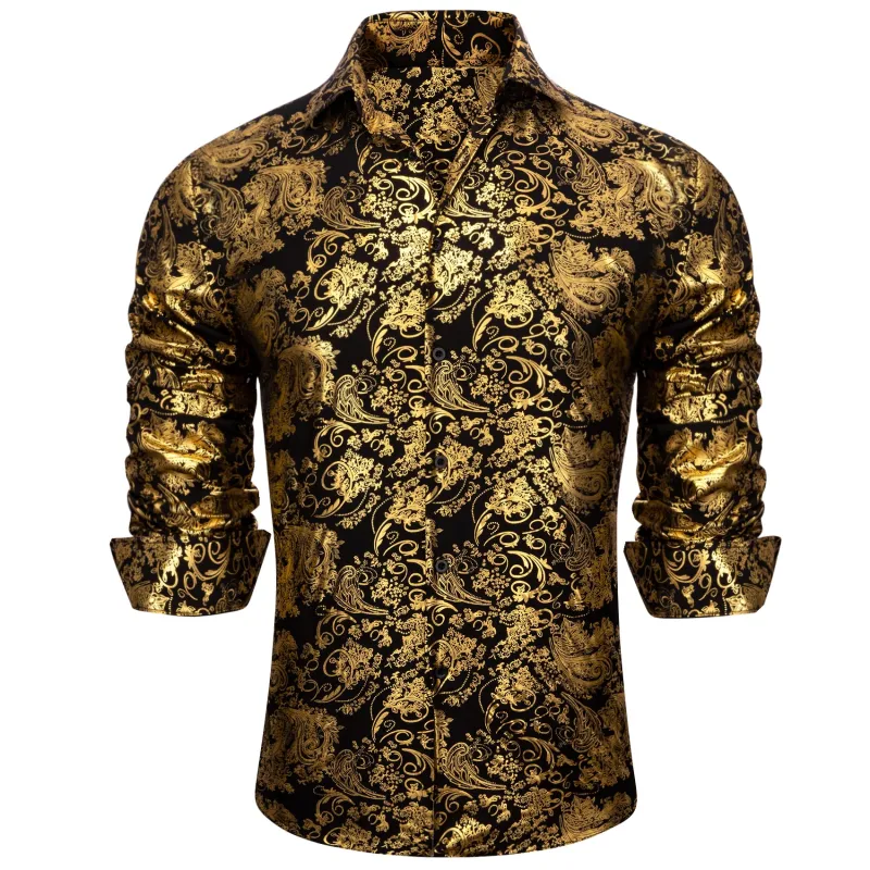 Barry. Wang Bright Gold Black Paisley Silk Men's Shirt sold by Barrywang