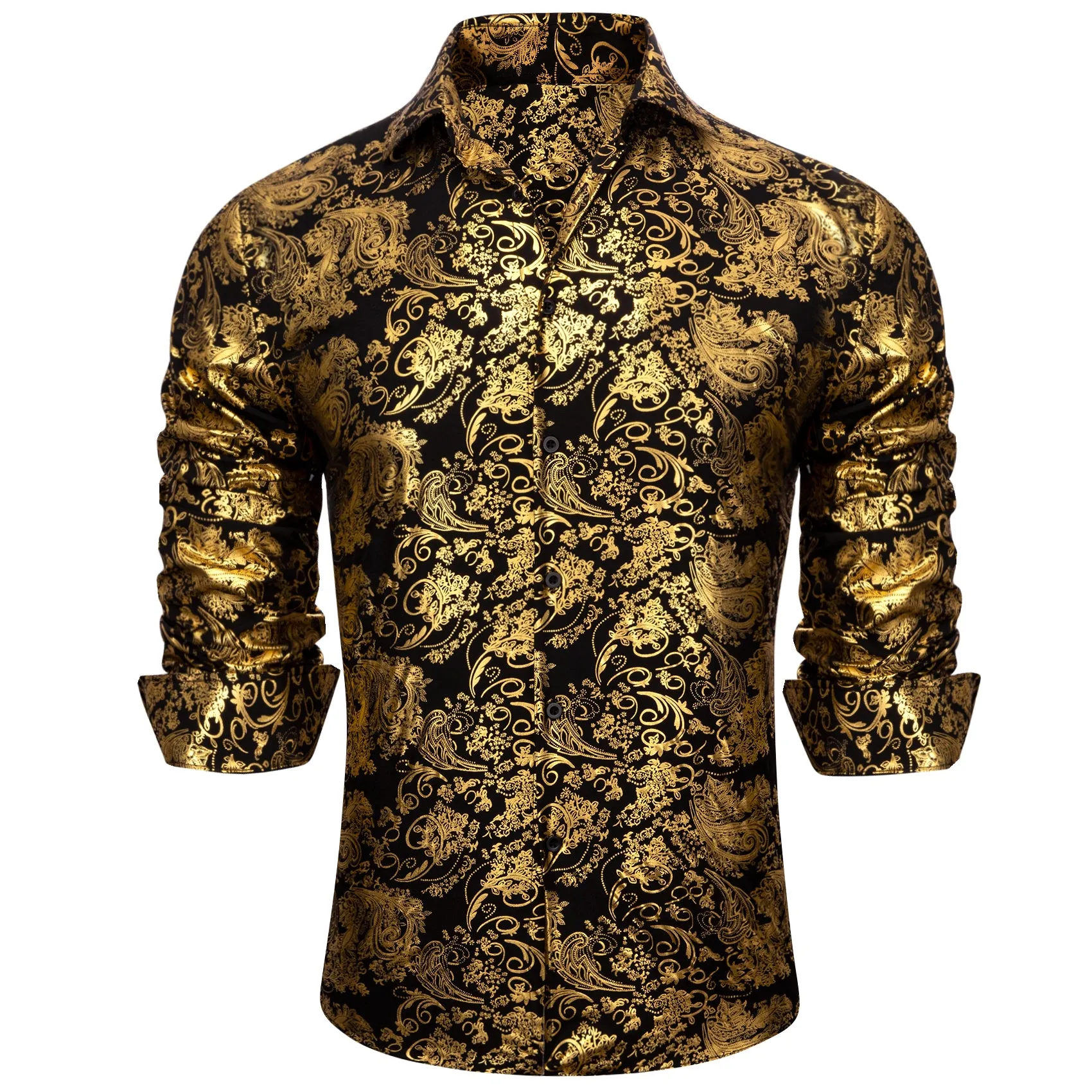 Barry. Wang Bright Gold Black Paisley Silk Men's Shirt sold by Barrywang