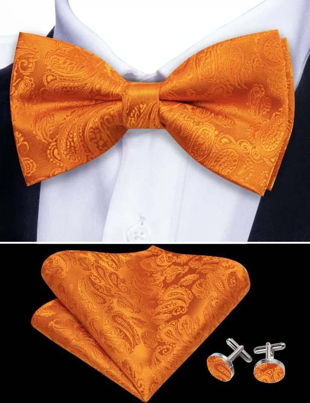 Barry. Wang Orange Paisley Silk Bow Tie Hanky Cufflinks Set sold by Barrywang