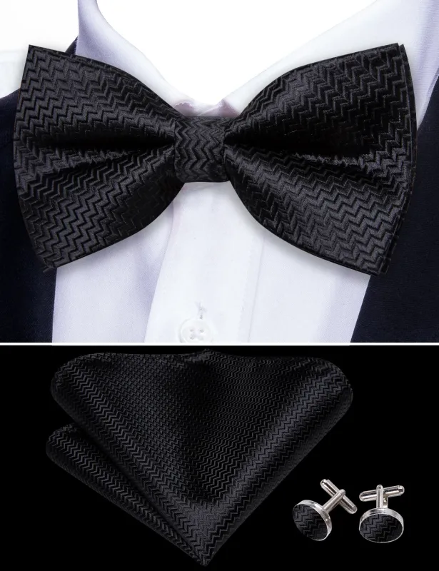Barry. Wang Black Men's Necktie Curve Silk Bow Tie Hanky Cufflinks Set sold by Barrywang