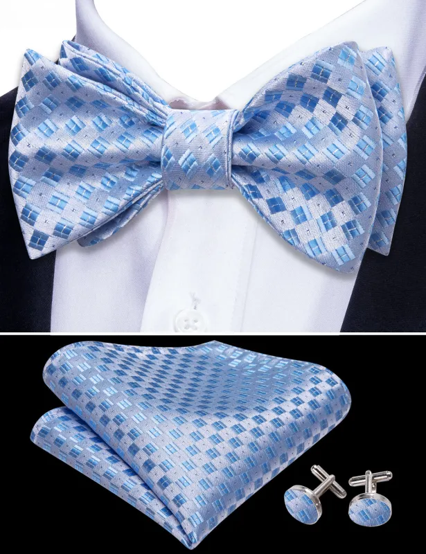 Barry. Wang Mens Blue Ties White Plaid Silk Bow Tie Hanky Cufflinks Set made by Barrywang