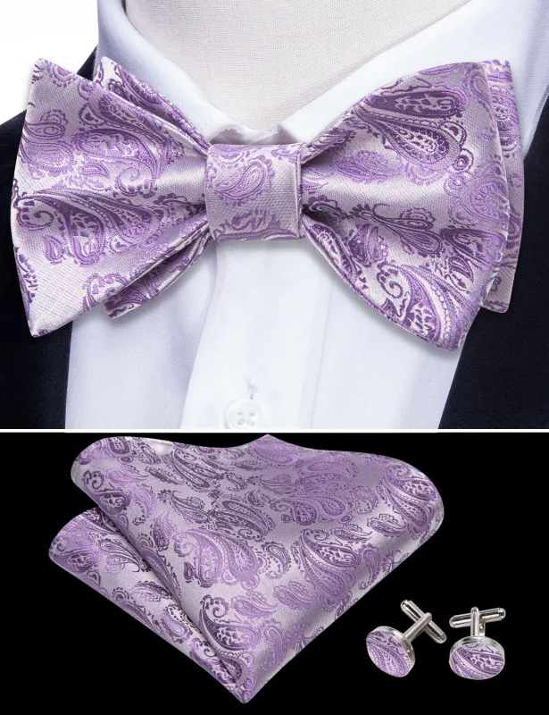 Barry. Wang Purple Silver Paisley Silk Bow Tie Hanky Cufflinks Set made by Barrywang