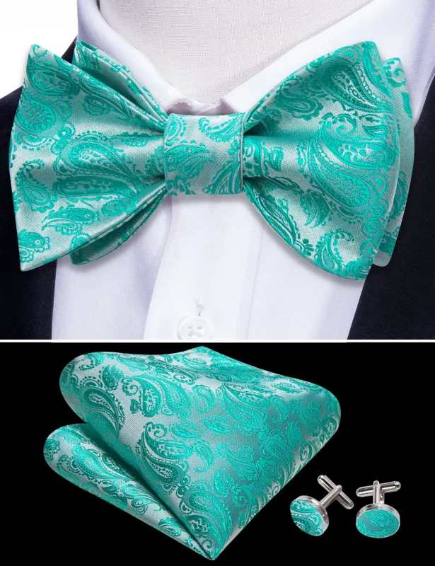Barry. Wang Aqua Silver Paisley Silk Men's Bow Tie Hanky Cufflinks Set sold by Barrywang
