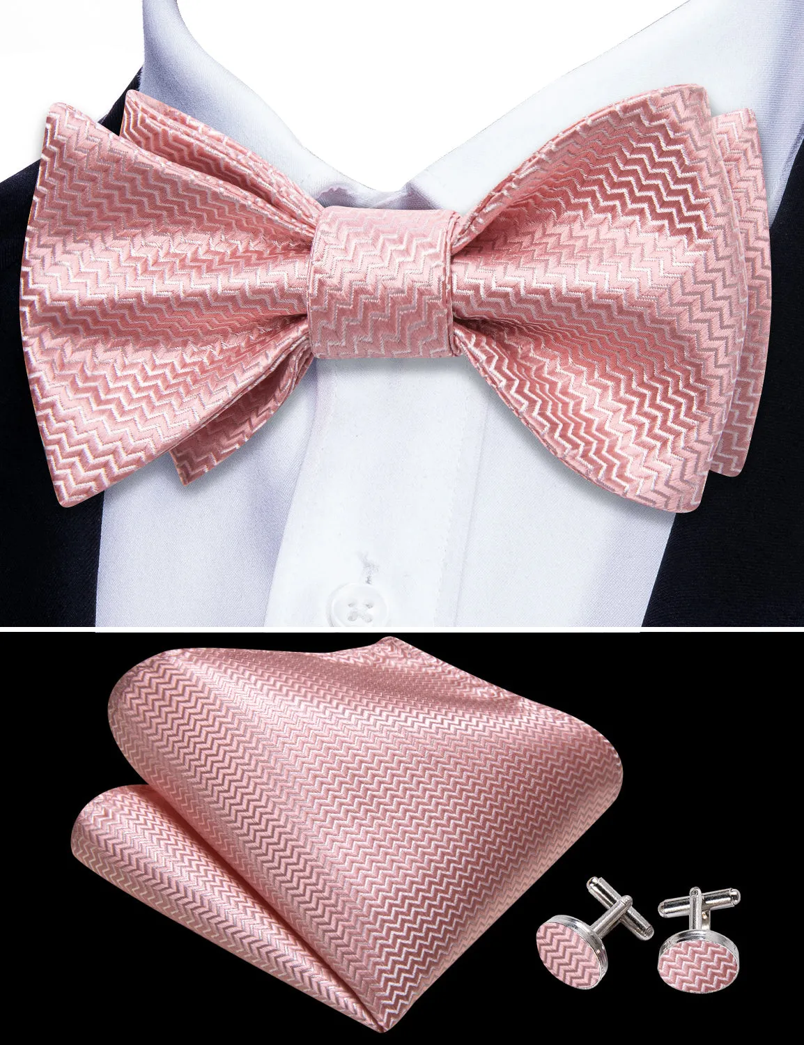 Barry. Wang Pink White Striped Silk Bow Tie Hanky Cufflinks Set sold by Barrywang product image thumbnail 3