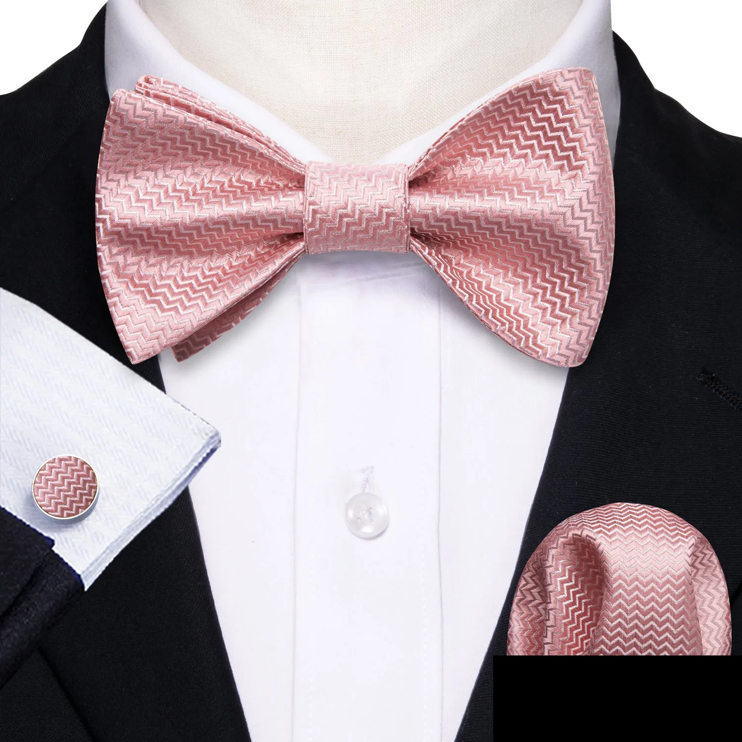 Barry. Wang Pink White Striped Silk Bow Tie Hanky Cufflinks Set sold by Barrywang product image thumbnail 4