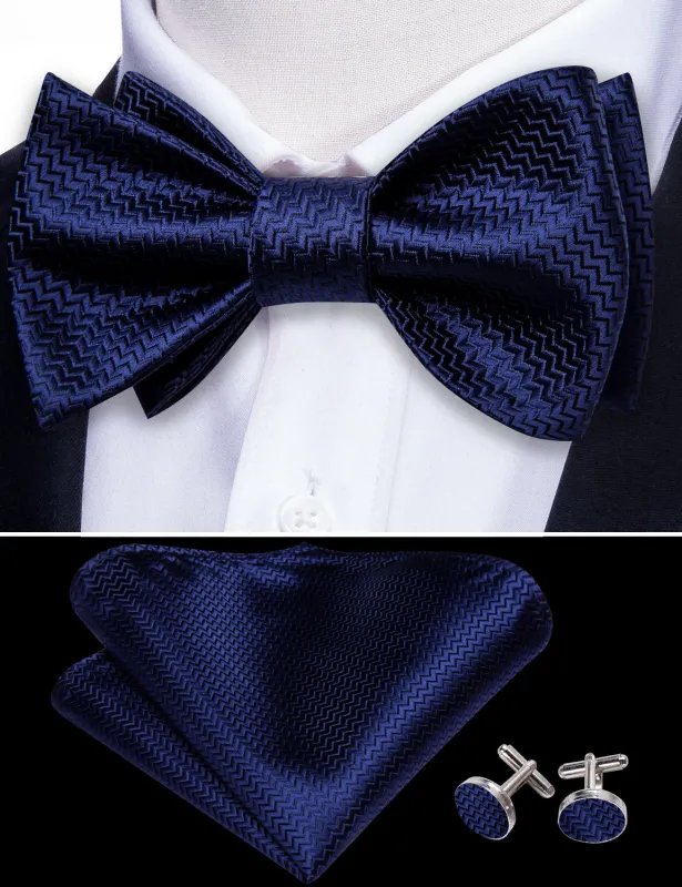 Barry. Wang Salvia Blue Solid Silk Bow Tie Hanky Cufflinks Set sold by Barrywang
