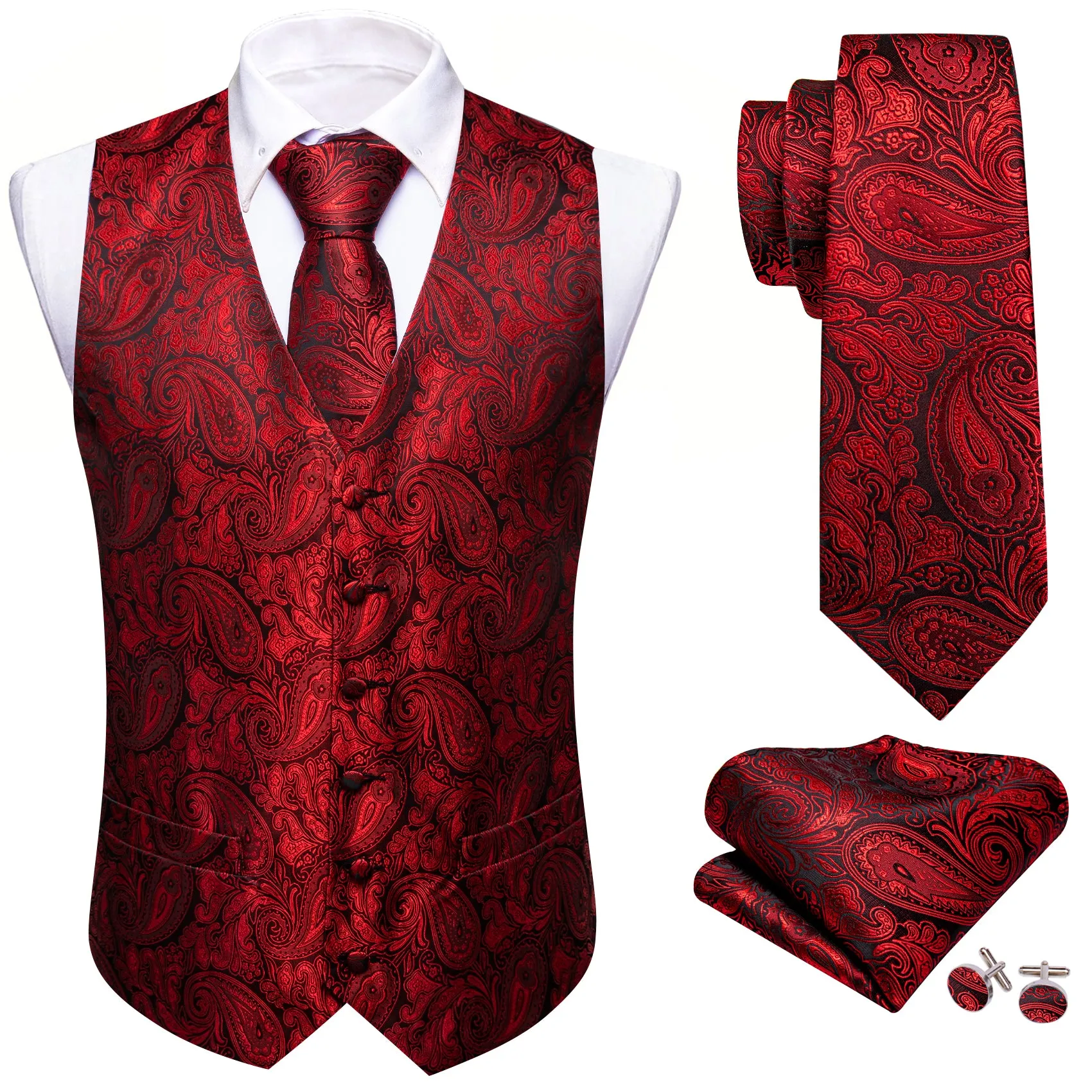 Barry. Wang Formal Men Red Vest Paisley Jacquard Silk Casual Vest Wedding Suit Waistcoat Necktie Hanky Cufflinks Set 4PCS sold by Barrywang product image thumbnail 2