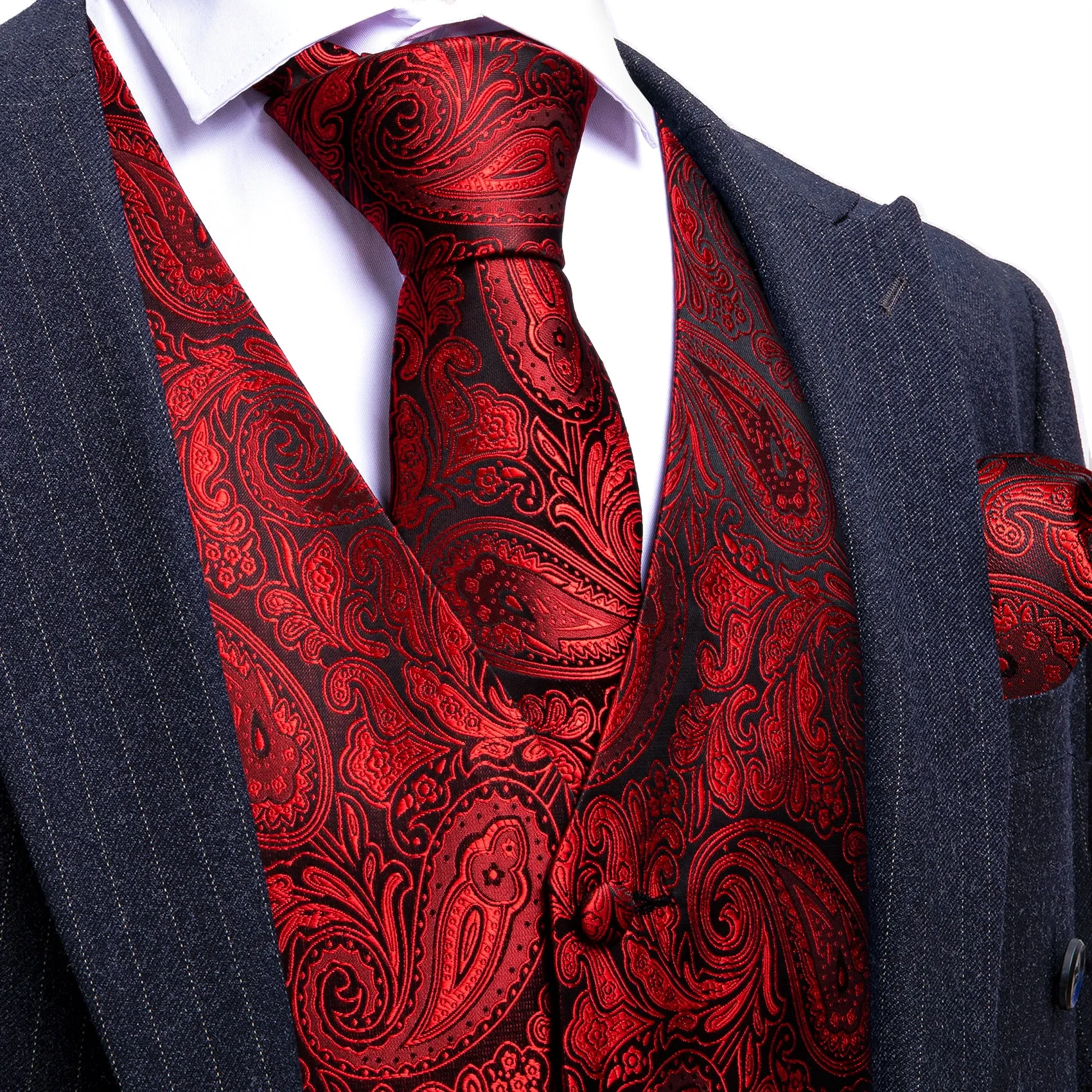 Barry. Wang Formal Men Red Vest Paisley Jacquard Silk Casual Vest Wedding Suit Waistcoat Necktie Hanky Cufflinks Set 4PCS sold by Barrywang