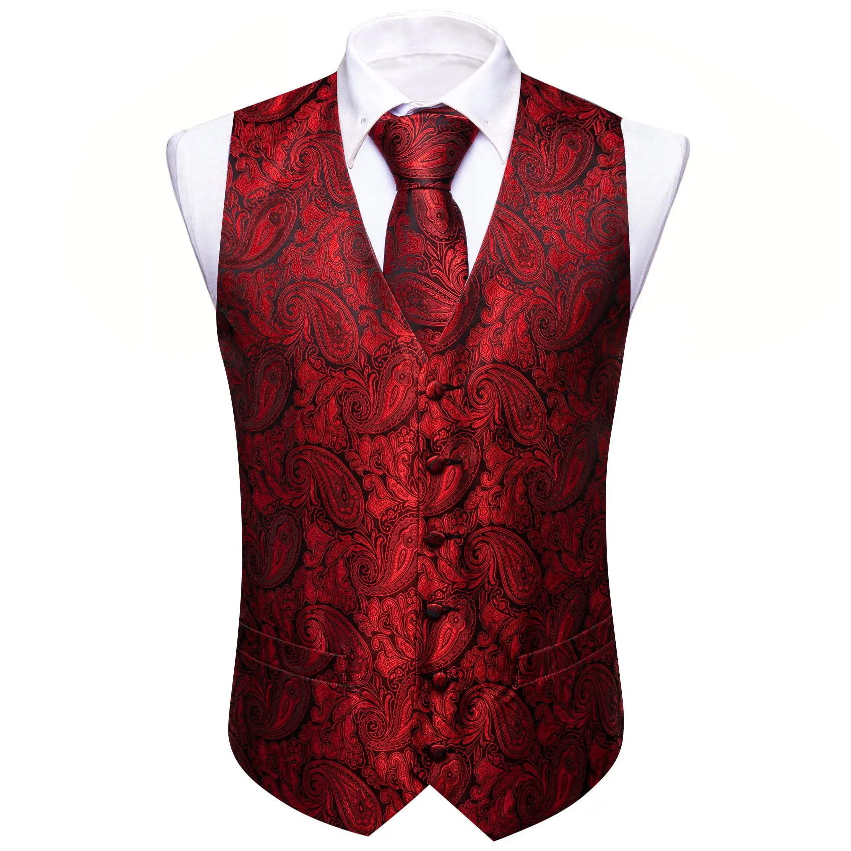 Barry. Wang Formal Men Red Vest Paisley Jacquard Silk Casual Vest Wedding Suit Waistcoat Necktie Hanky Cufflinks Set 4PCS sold by Barrywang product image thumbnail 4