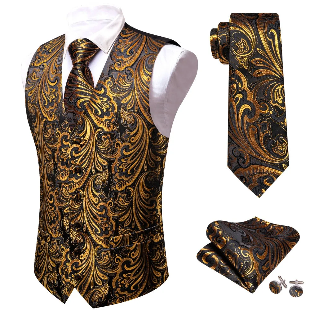 Barry. Wang Formal Men Vest Black Gold Paisley Floral Jacquard Dress Vest Wedding Suit Waistcoat Necktie Hanky Cufflinks Set 4PCS sold by Barrywang product image thumbnail 2