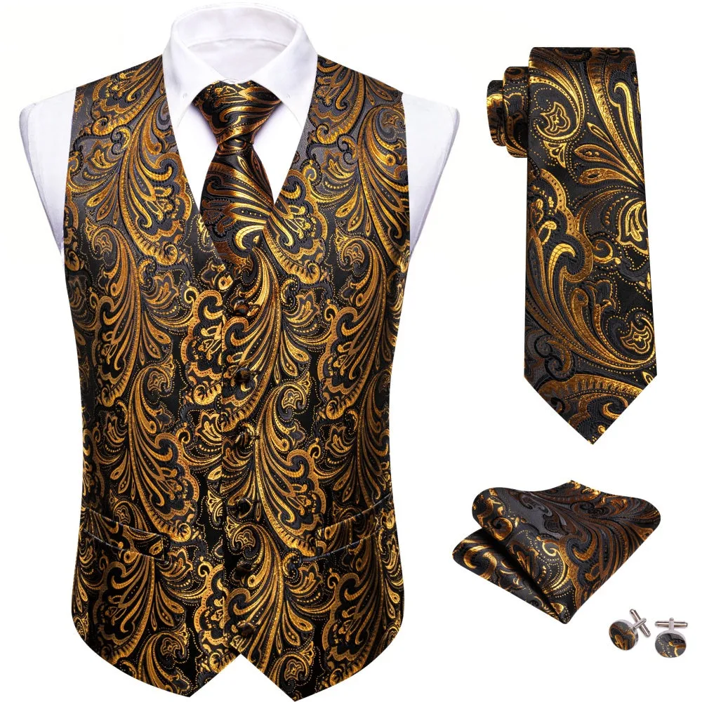 Barry. Wang Formal Men Vest Black Gold Paisley Floral Jacquard Dress Vest Wedding Suit Waistcoat Necktie Hanky Cufflinks Set 4PCS sold by Barrywang product image thumbnail 3