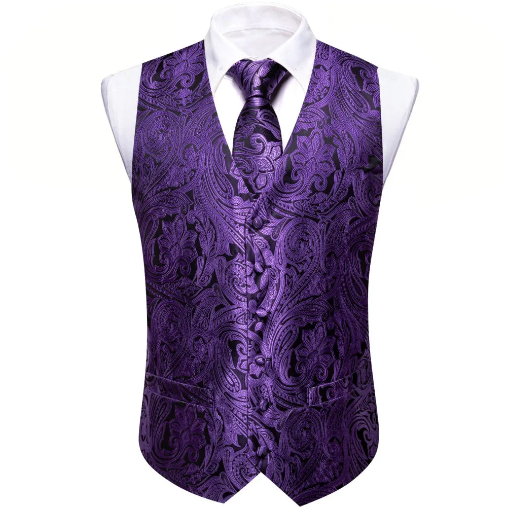 Barry. Wang Mens Purple Suit Waistcoat Silk Floral Jacquard Dress Vest Necktie Pocket Square Set for Wedding Party sold by Barrywang product image thumbnail 2