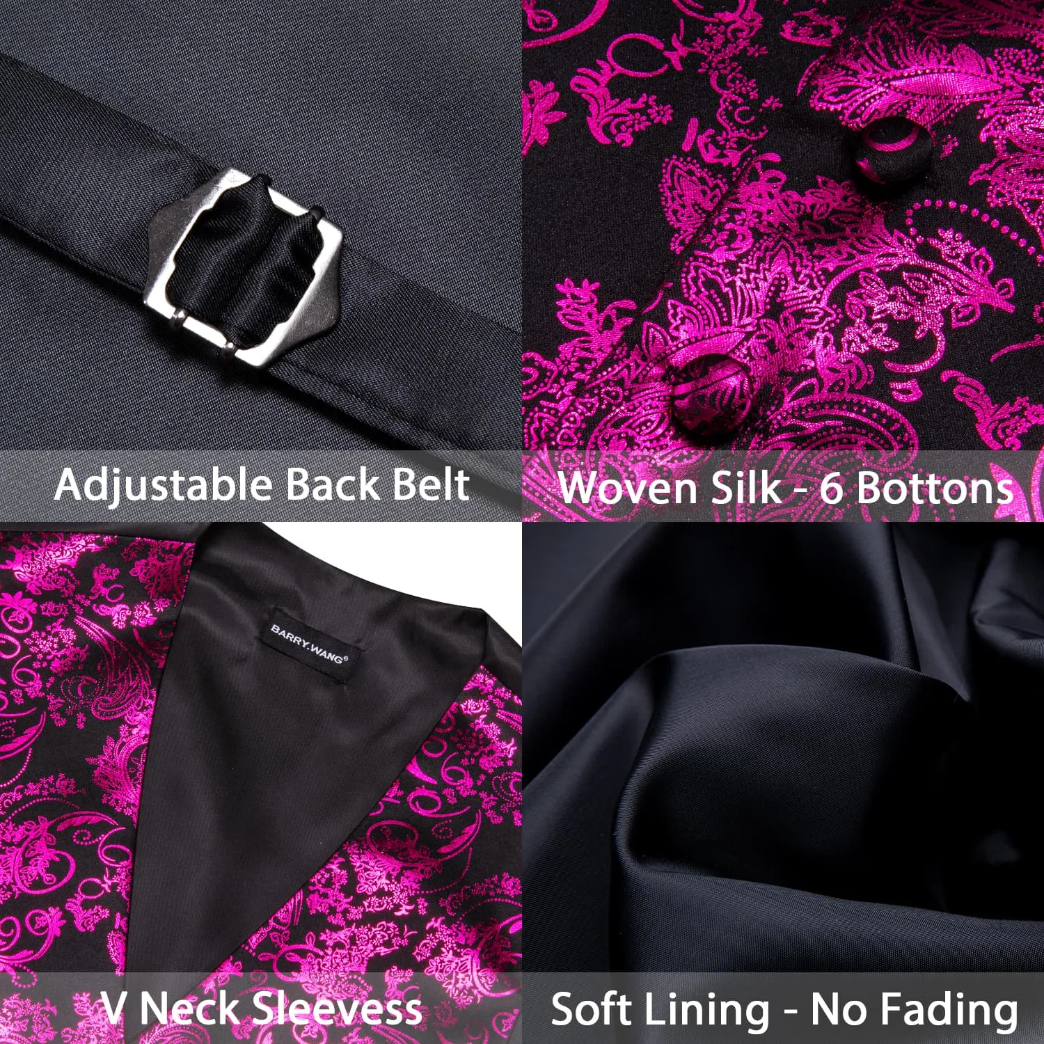 Barry. Wang Mens Suit Vest Black Hot Pink Floral Jacquared Formal Dress Waistcoat Necktie Pocket Square Cufflinks Set sold by Barrywang product image thumbnail 5