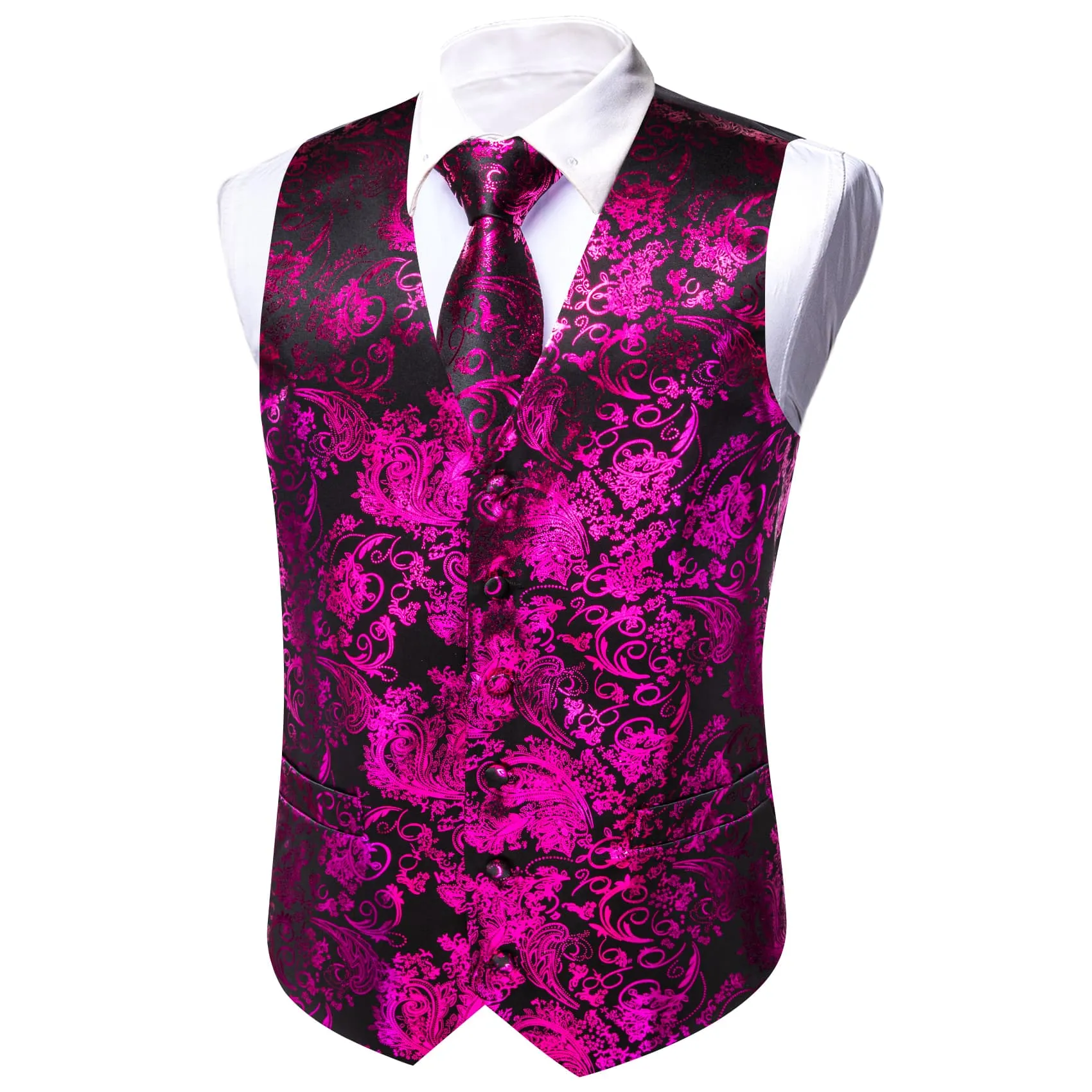 Barry. Wang Mens Suit Vest Black Hot Pink Floral Jacquared Formal Dress Waistcoat Necktie Pocket Square Cufflinks Set sold by Barrywang product image thumbnail 3