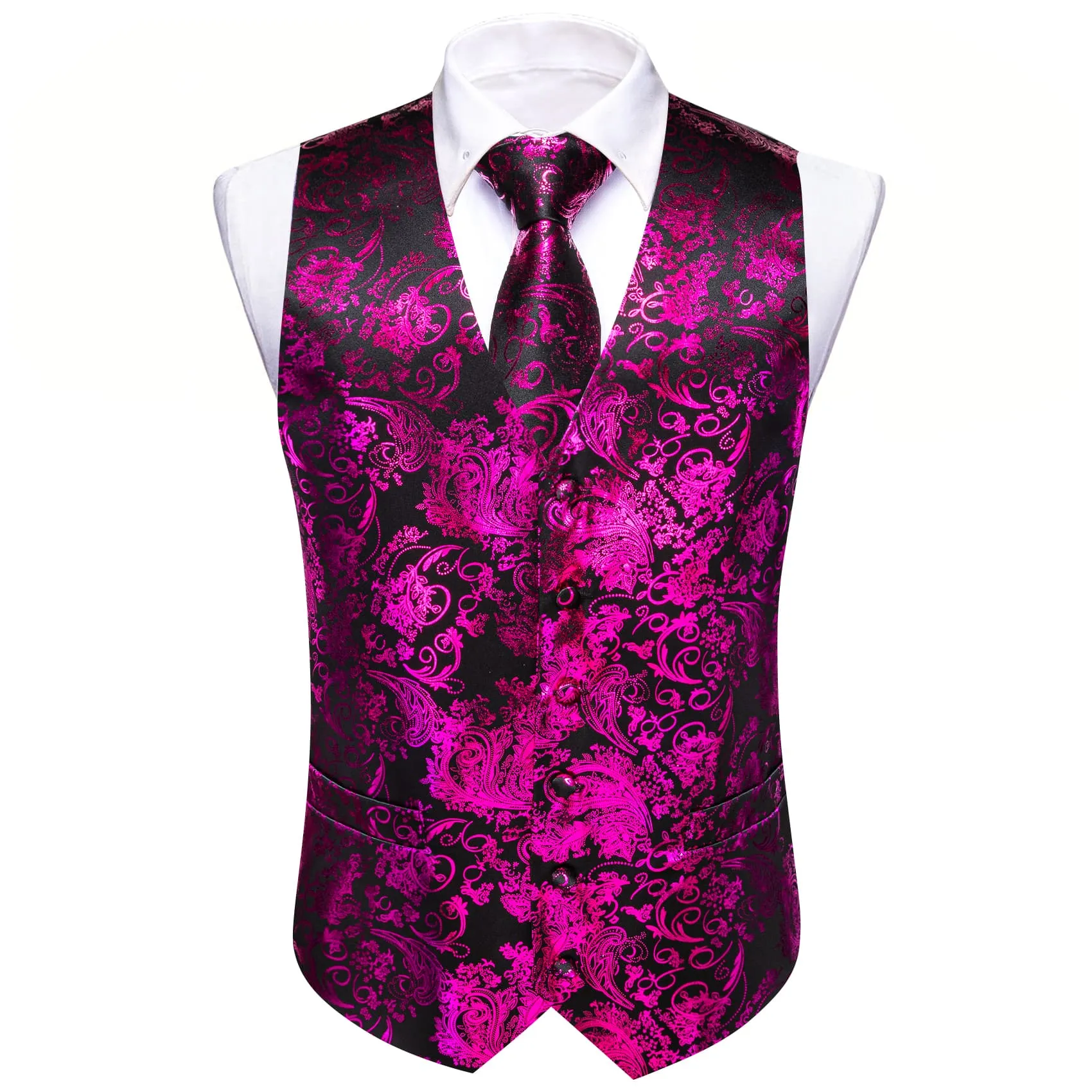 Barry. Wang Mens Suit Vest Black Hot Pink Floral Jacquared Formal Dress Waistcoat Necktie Pocket Square Cufflinks Set sold by Barrywang product image thumbnail 2
