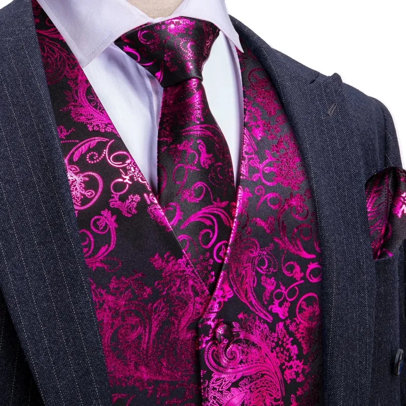 Barry. Wang Mens Suit Vest Black Hot Pink Floral Jacquared Formal Dress Waistcoat Necktie Pocket Square Cufflinks Set sold by Barrywang