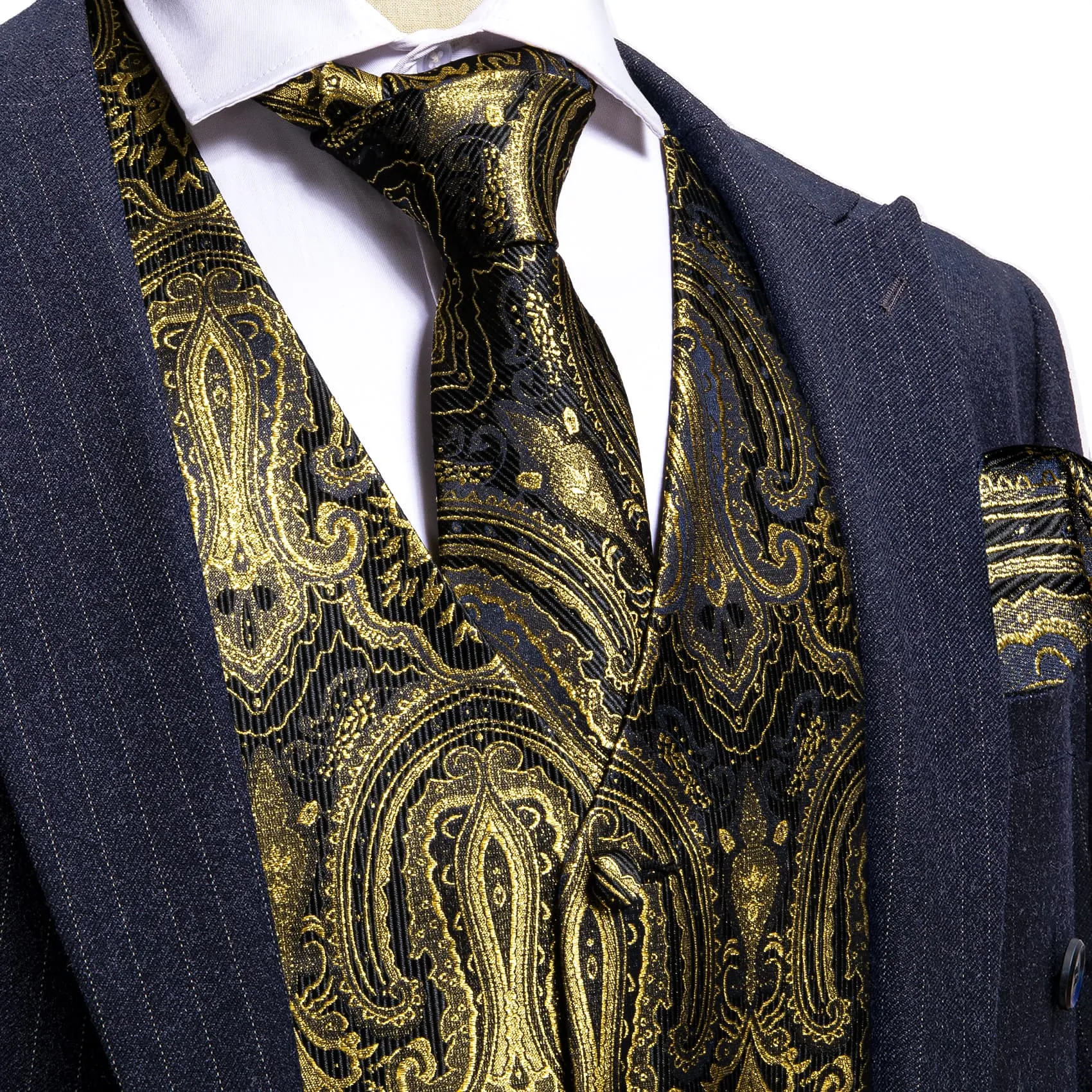 Barry. Wang Mens Gold Vest Suit 4PCS Silk Paisley Vest Necktie Pocket Square Cufflinks Set Business Woven Waistcoat for Suit Tuxedo sold by Barrywang