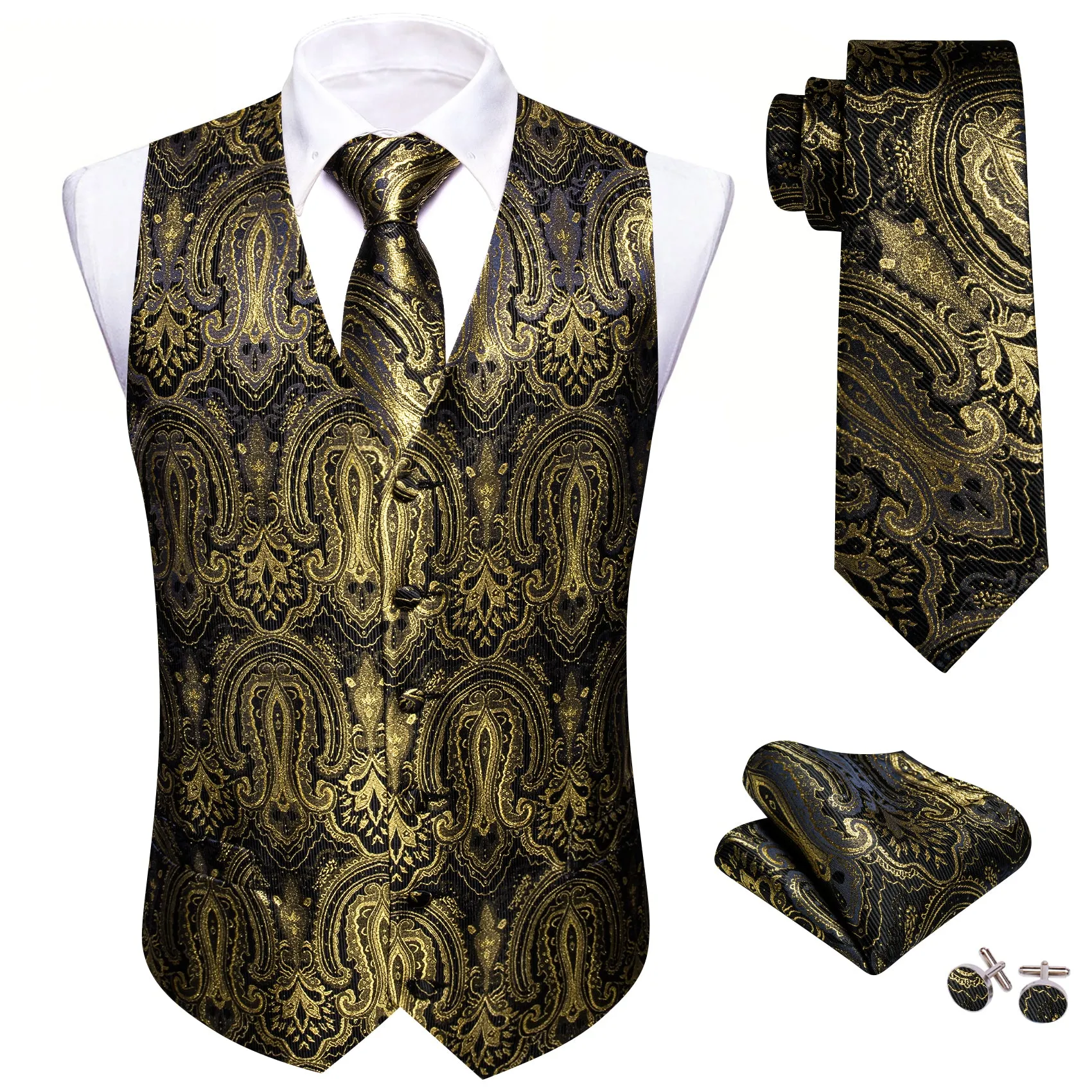 Barry. Wang Mens Gold Vest Suit 4PCS Silk Paisley Vest Necktie Pocket Square Cufflinks Set Business Woven Waistcoat for Suit Tuxedo sold by Barrywang product image thumbnail 5