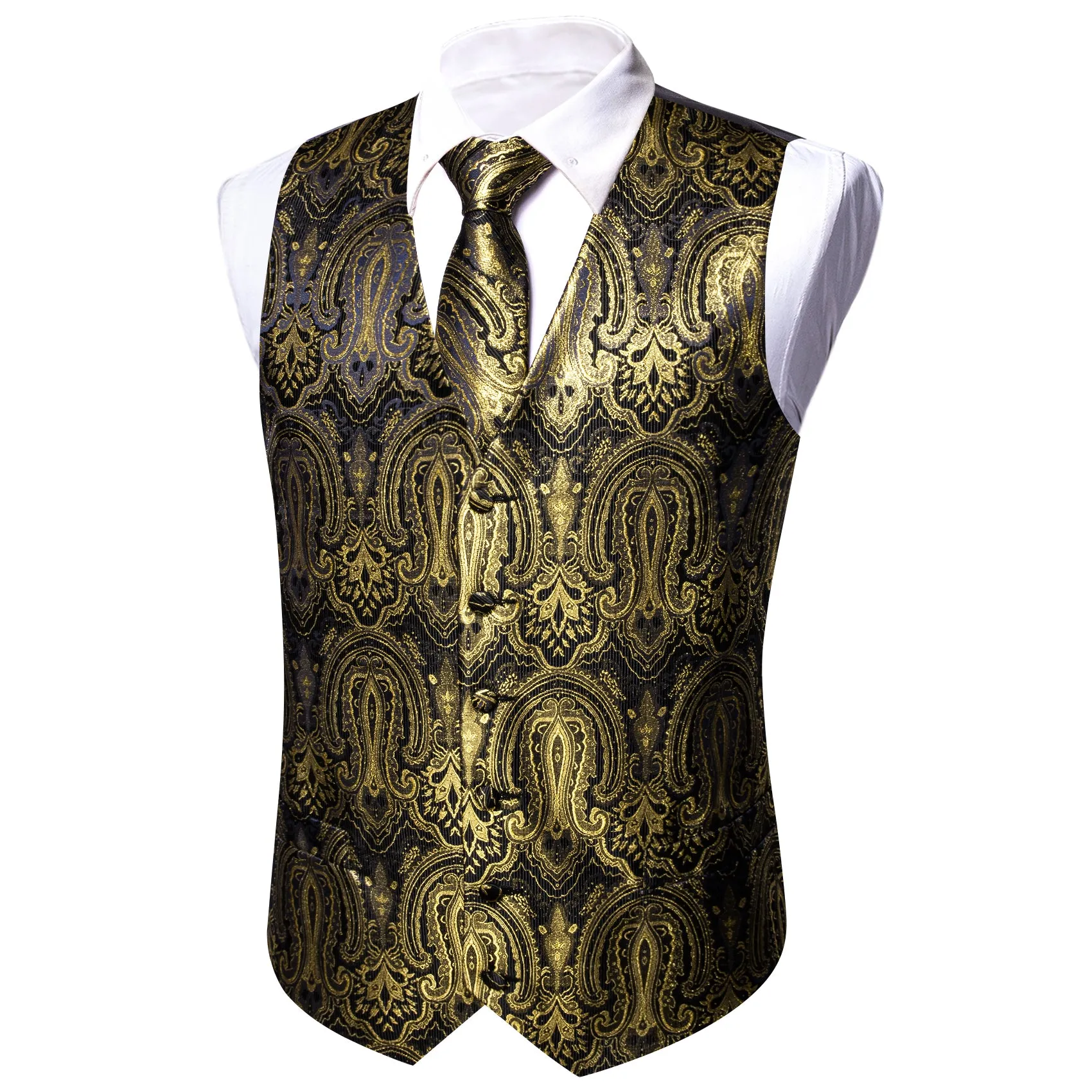 Barry. Wang Mens Gold Vest Suit 4PCS Silk Paisley Vest Necktie Pocket Square Cufflinks Set Business Woven Waistcoat for Suit Tuxedo sold by Barrywang product image thumbnail 3